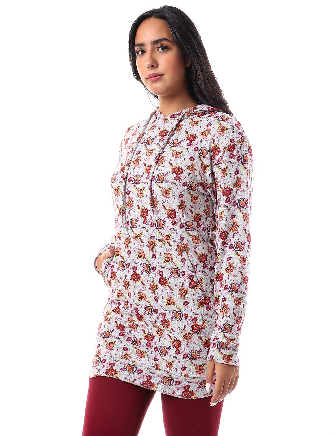 Jamila Women's Cotton Floral Pattern Longline Hoodie with Kangaroo Pocket