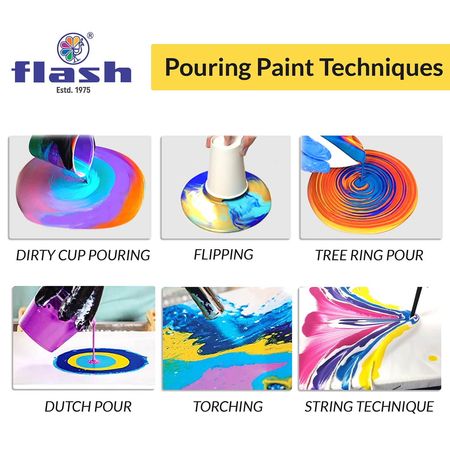 مجموعة ألوان أكريليك جاهزة للصب من فلاش، تحتوي على ١٦ درجة لون مختلفة، سعة كل عبوة ٥٠ مل. تتميز بسيولة عالية تسمح بالصب السلس والمتساوي دون الحاجة إلى خلط أو تخفيف.