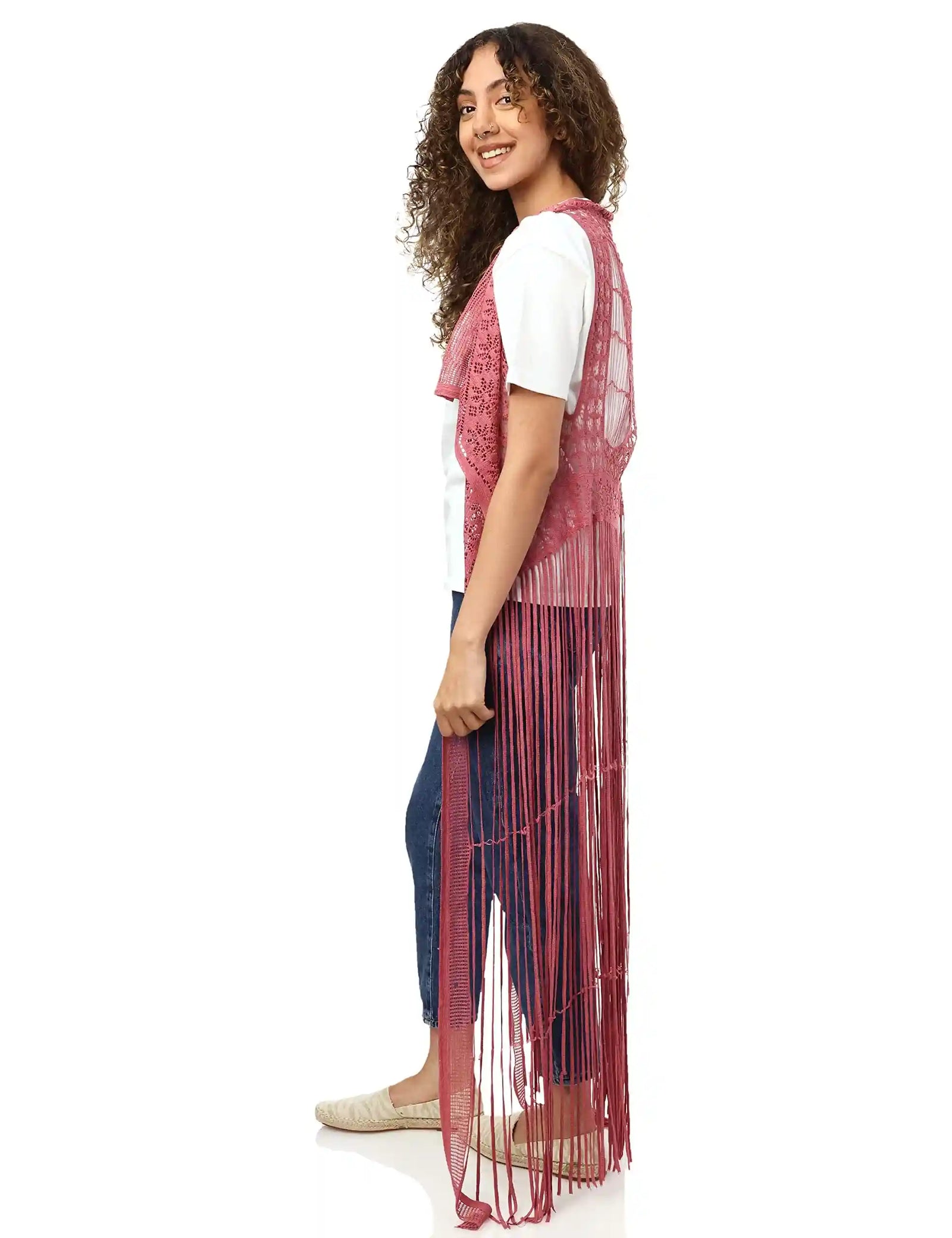JAMILA Women fringed net cardigan SWEATER