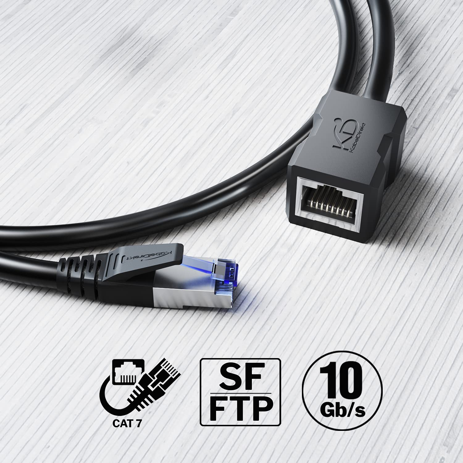 KabelDirekt â€“ 0.25m â€“ LAN & Ethernet extension cable (RJ45 female coupler/male connector, extends network cables with full data transfer speed â€“ CAT 7, 10Gbit/s, SF/FTP shielding, black)