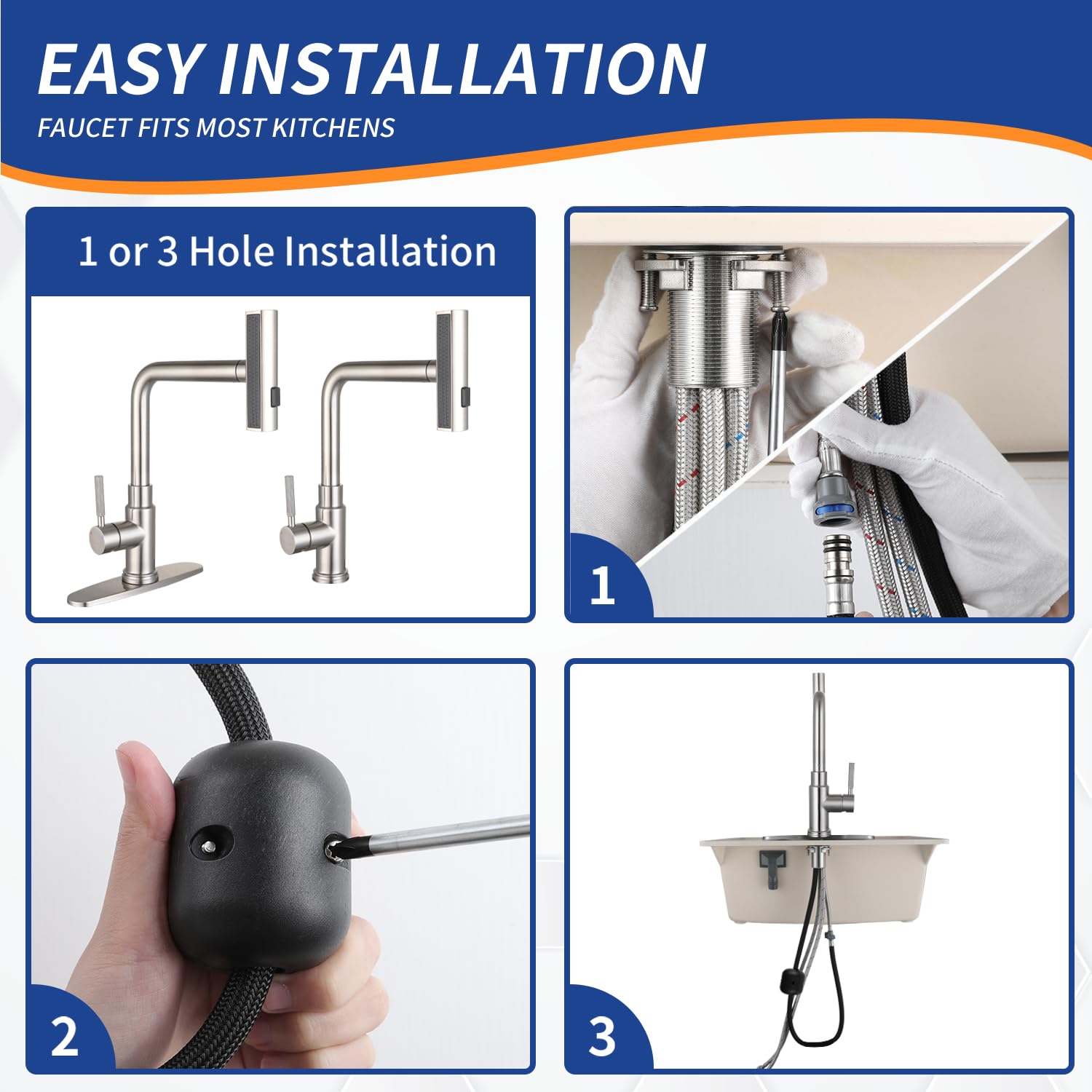 Deseegoal Head Switch Kitchen Faucets with Pull Down Sprayer, Three Function Sprayer Single Handle Sink Faucet 1 or 3 Hole Installation, 360°Rotatable Kitchen Sink Faucet