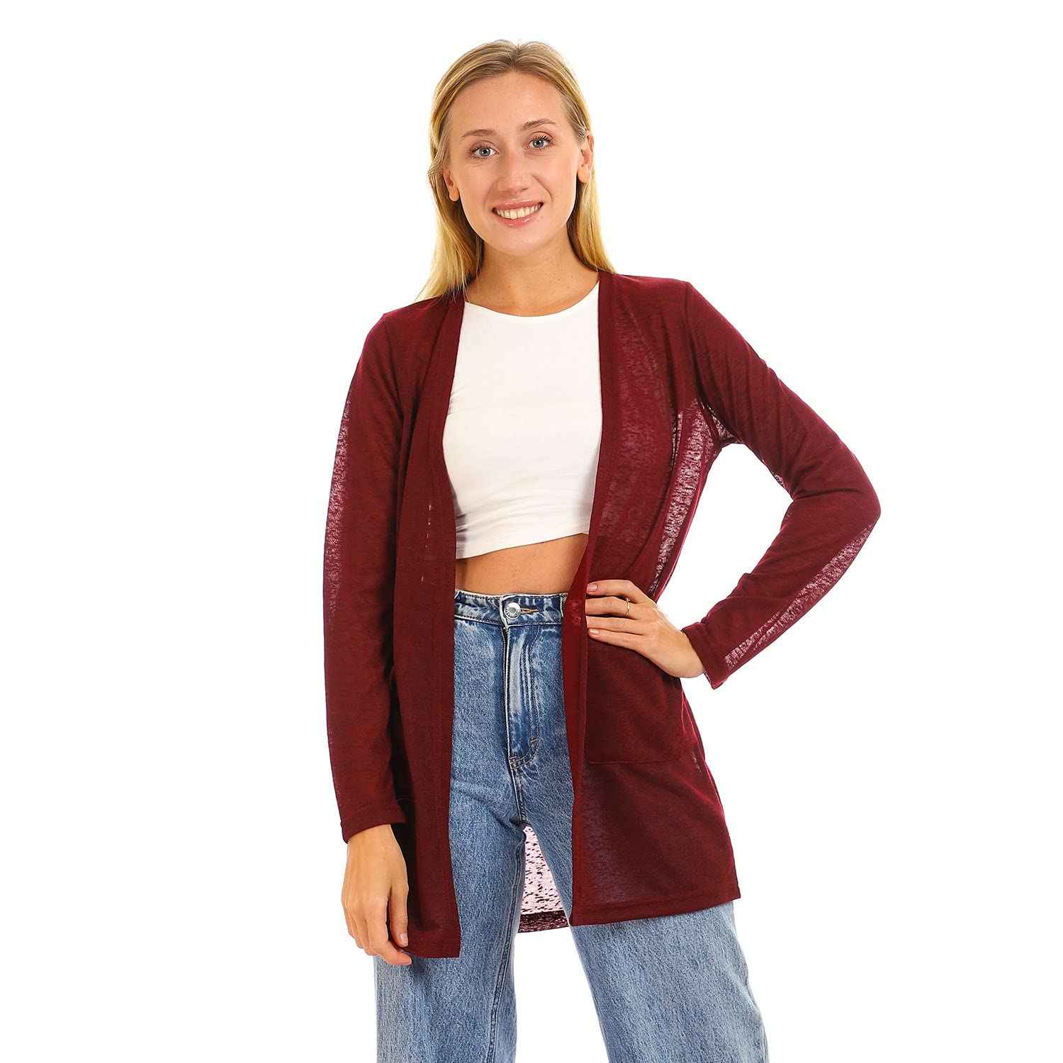 كارديغان جميلا ذو الجيوب الجانبية والياقة المفتوحة للنساء مزيجًا مثاليًا من الراحة والأناقة والعملية. يتميز بياقة مفتوحة وجيوب جانبية عملية، 