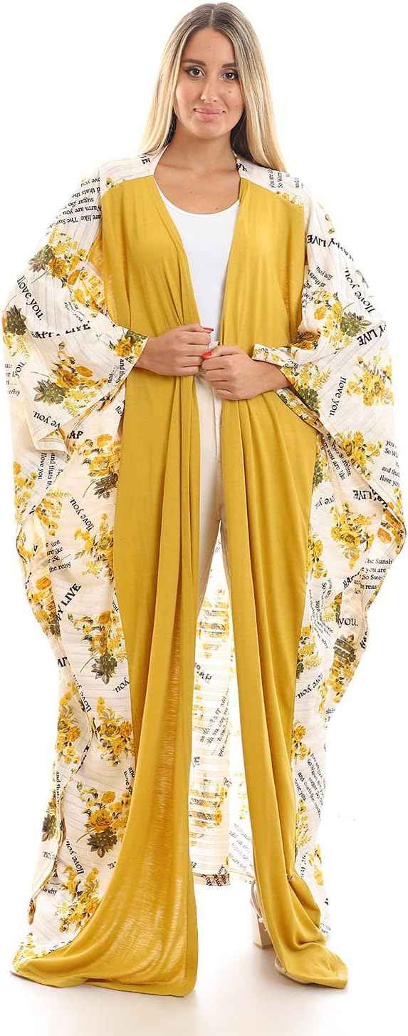 JAMILA Women's Short Sleeves Slip-On Self-Printed Long Kimono Robe - Safqqa Egypt