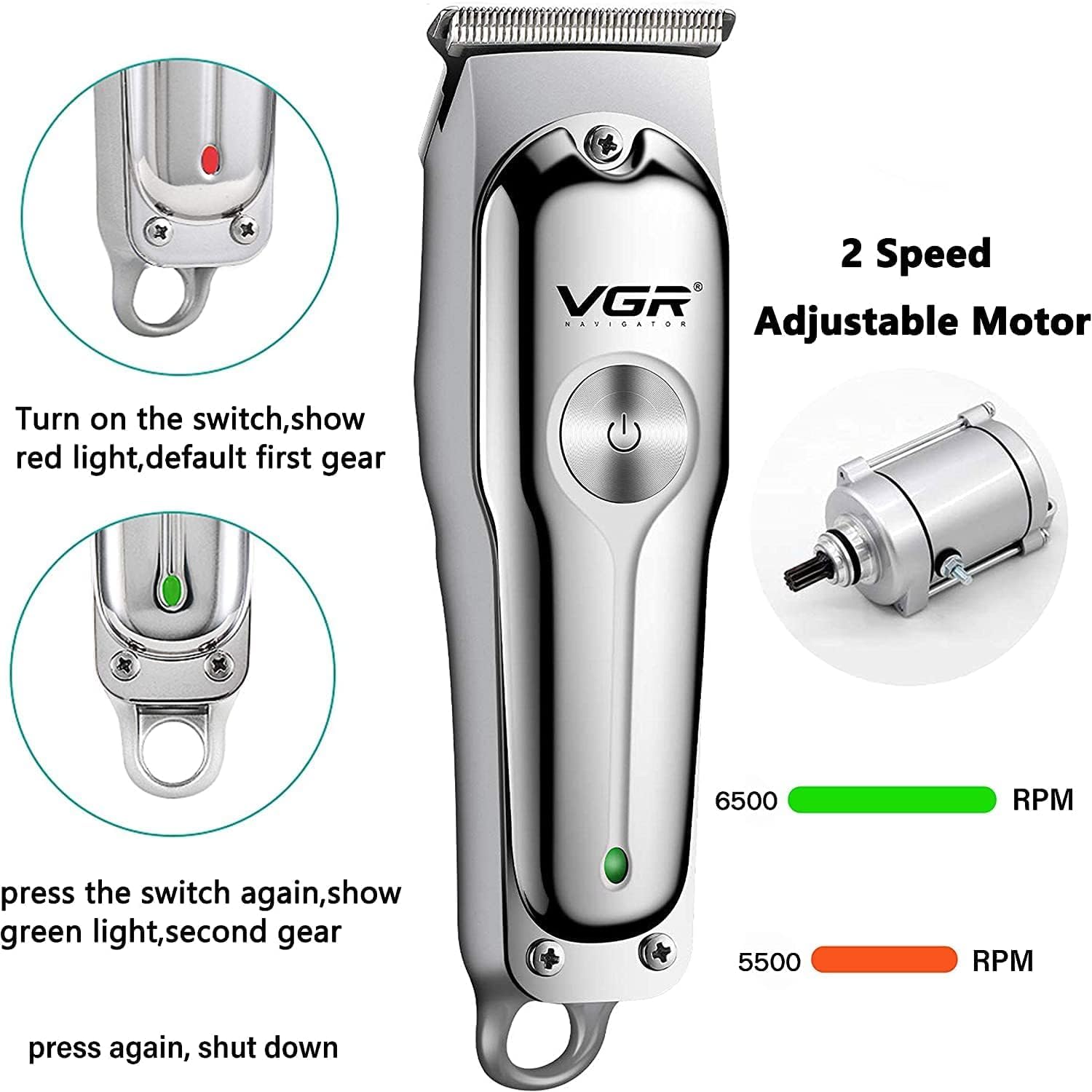 VGR Professional Hair Trimmer, Cordless T-Blade with Multiple Length Controls, USB Fast Charging, Gold