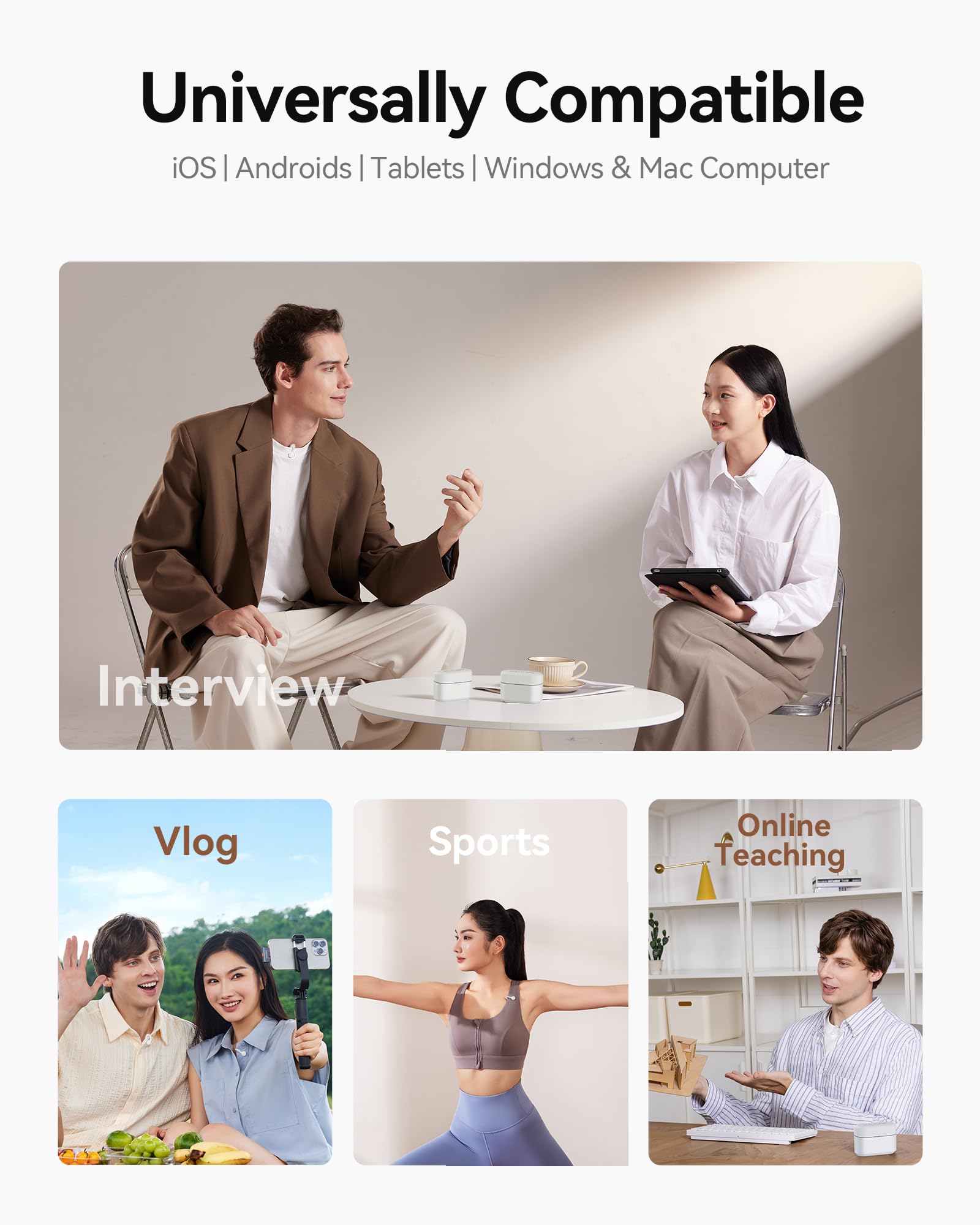 نظام ميكروفون لاسلكي ثنائي الأشخاص من هوليلاند للكاميرات والأجهزة المحمولة (2.4 جيجاهرتز، أبيض فضائي)