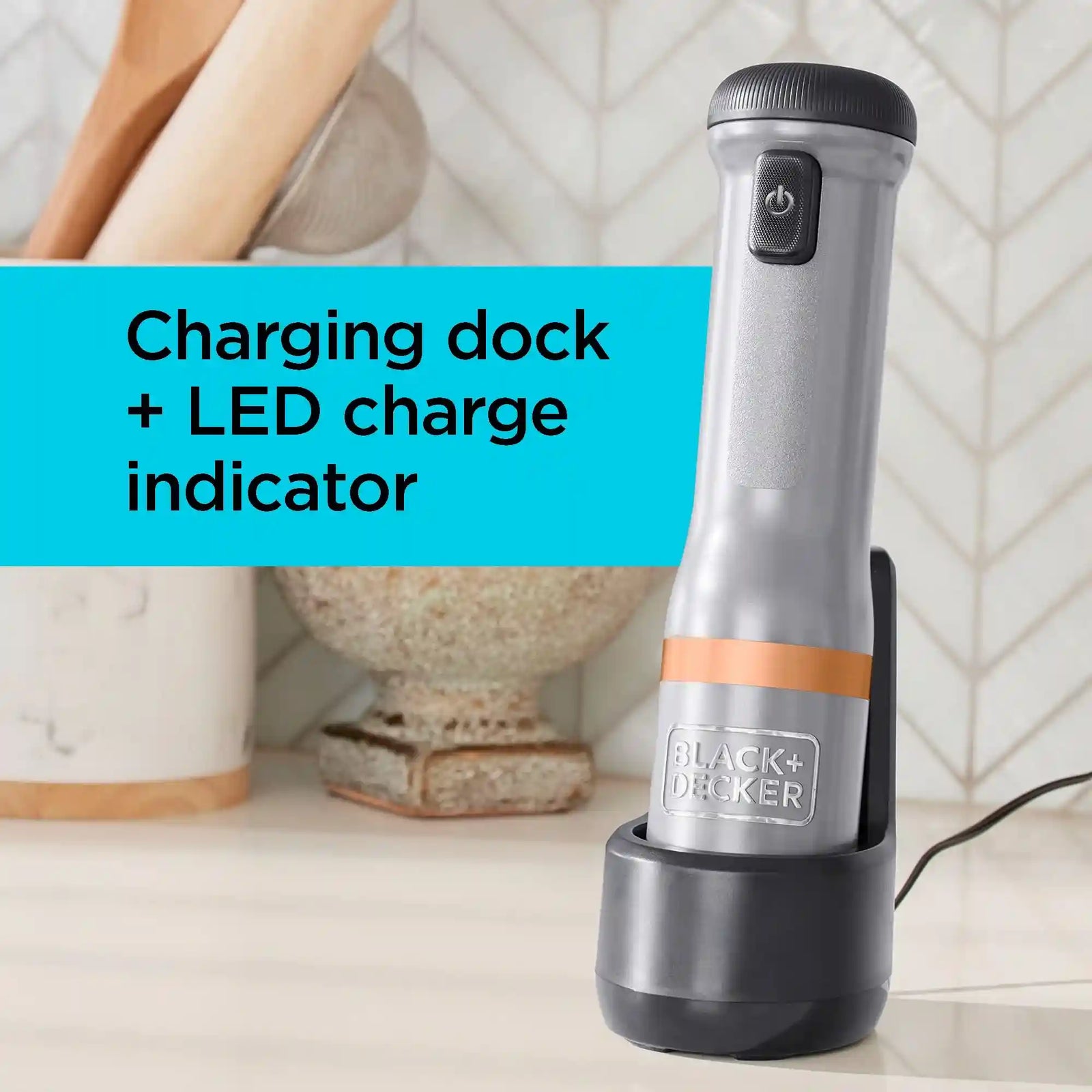 Black & Decker 7.2V Cordless Kitchen Wand/ Blender with 700ml Measuring Cup and Whisk, Includes Charging Base and Magnetic Charger, BCKM1012KB GB, Grey