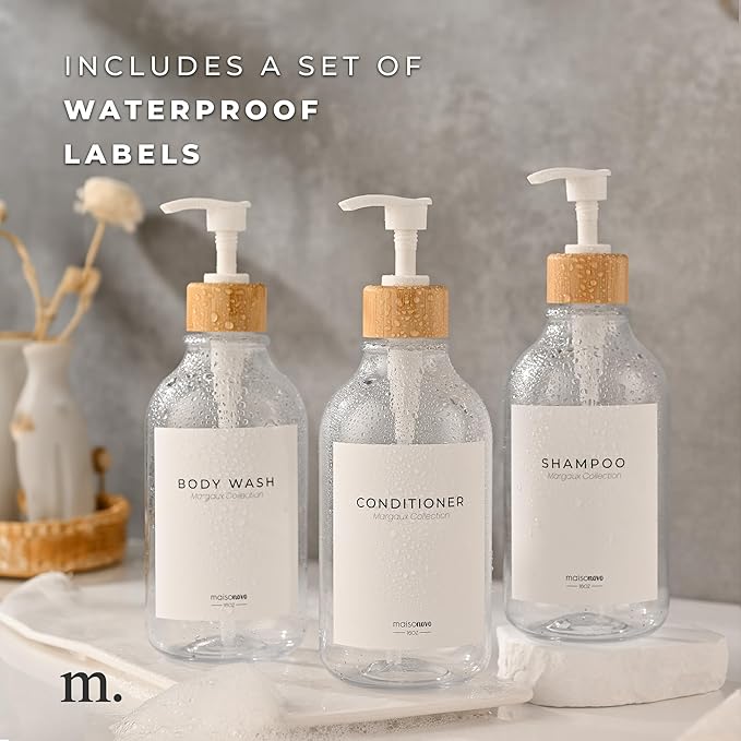 زجاجات موزع الشامبو والصابون مع مضخة الاستحمام من MaisoNovo (عدد 3 زجاجات) للحفاظ على حمامك منظمًا وبمظهر أنيق.