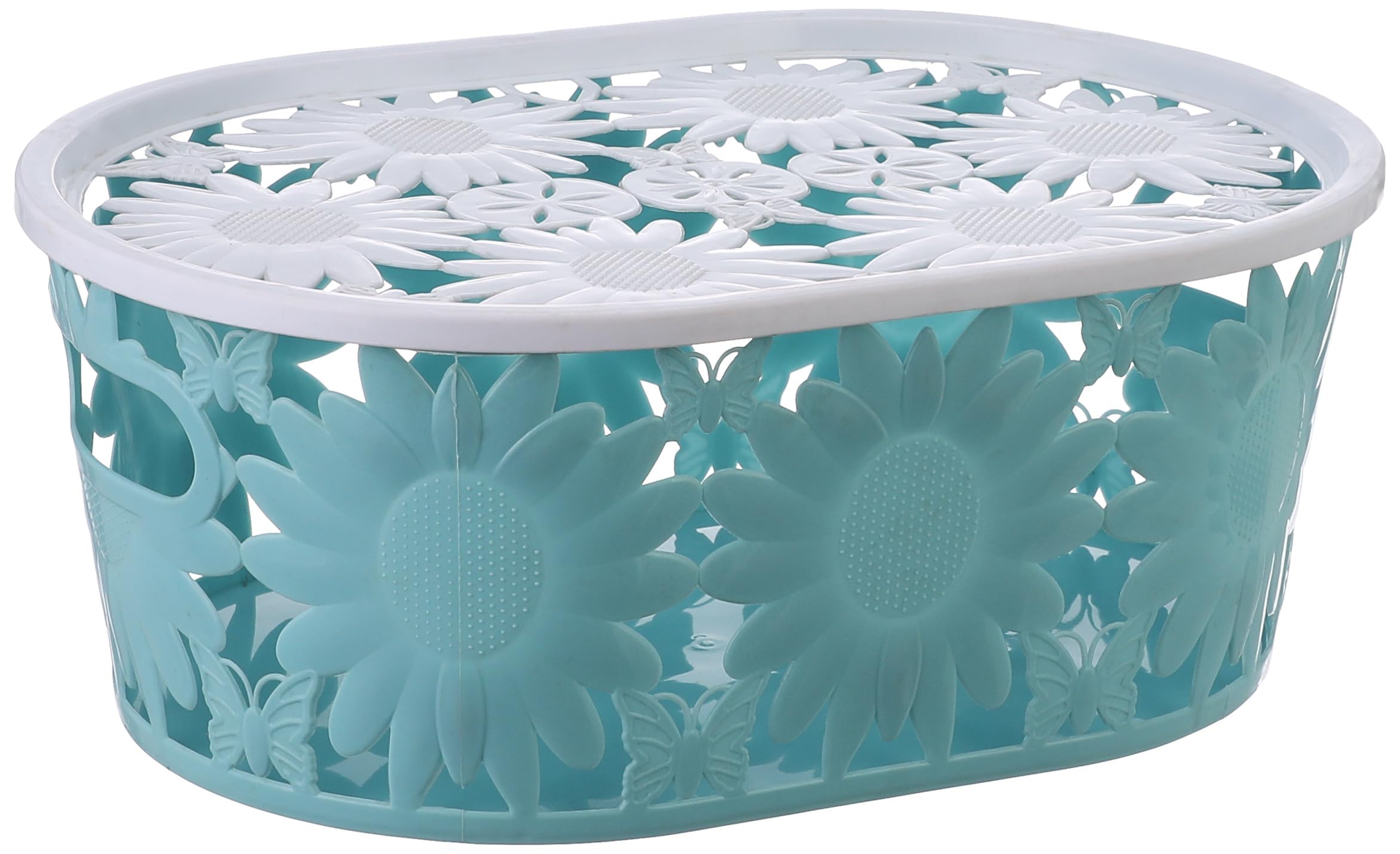 Generic Oval Plastic Basket With a Floral Design, Grab Handles, And a Lid. - Safqqa