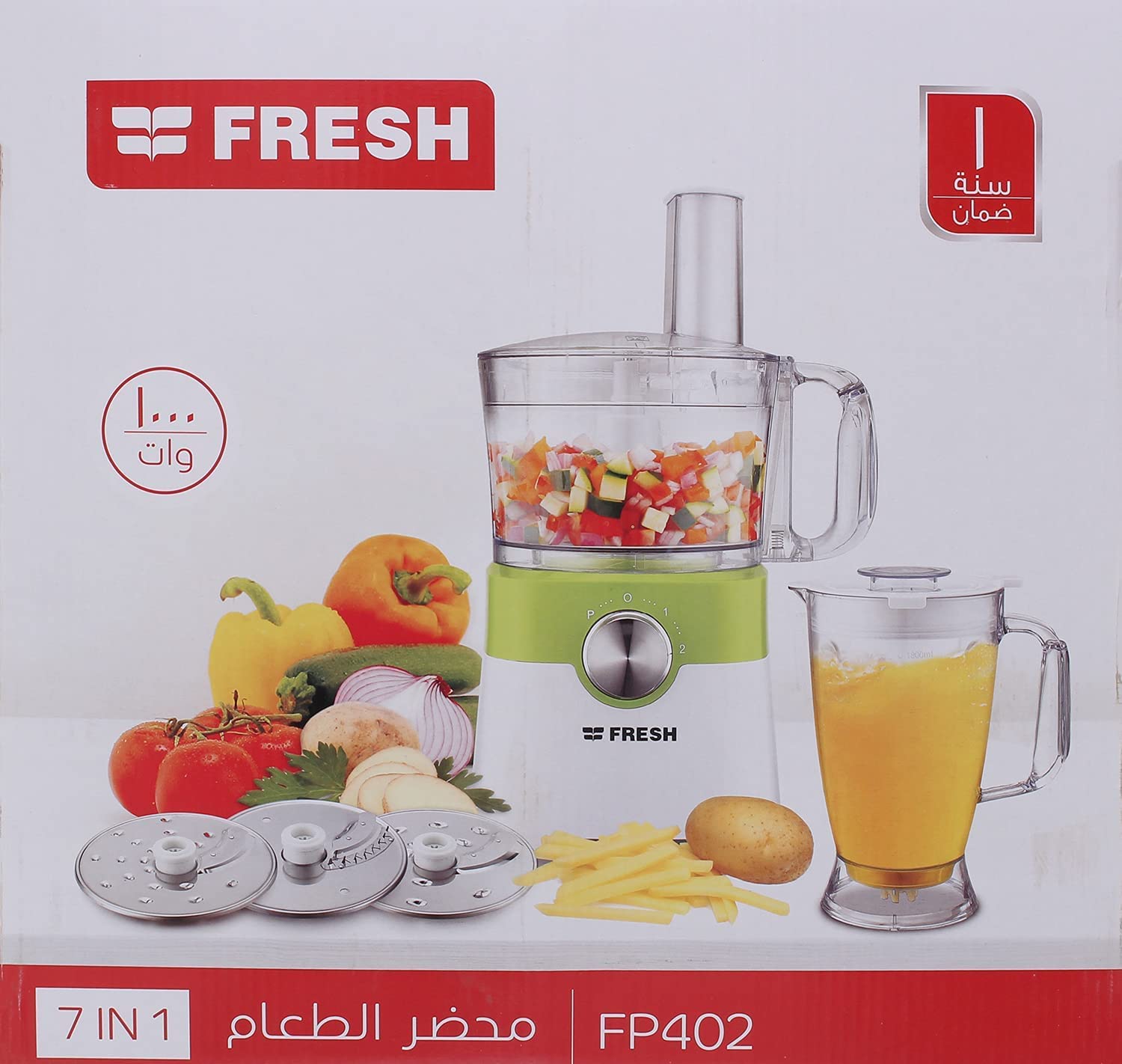 خلاط الطعام فريش FP402 7 في 1 بقوة 1000 واط. هذا الجهاز متعدد الاستخدامات يجمع بين عدة وظائف في تصميم واحد مدمج، مثل التقطيع، التقطيع إلى شرائح، البَشر، الخلط، العجن