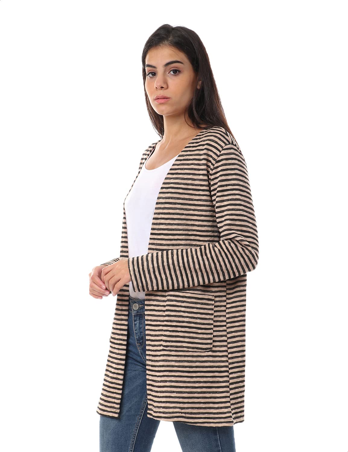Jamila Hairline Stripes Front Pockets Long Sleeves Open Cotton Cardigan For Women,Long sleeves for added warmth and coverage.