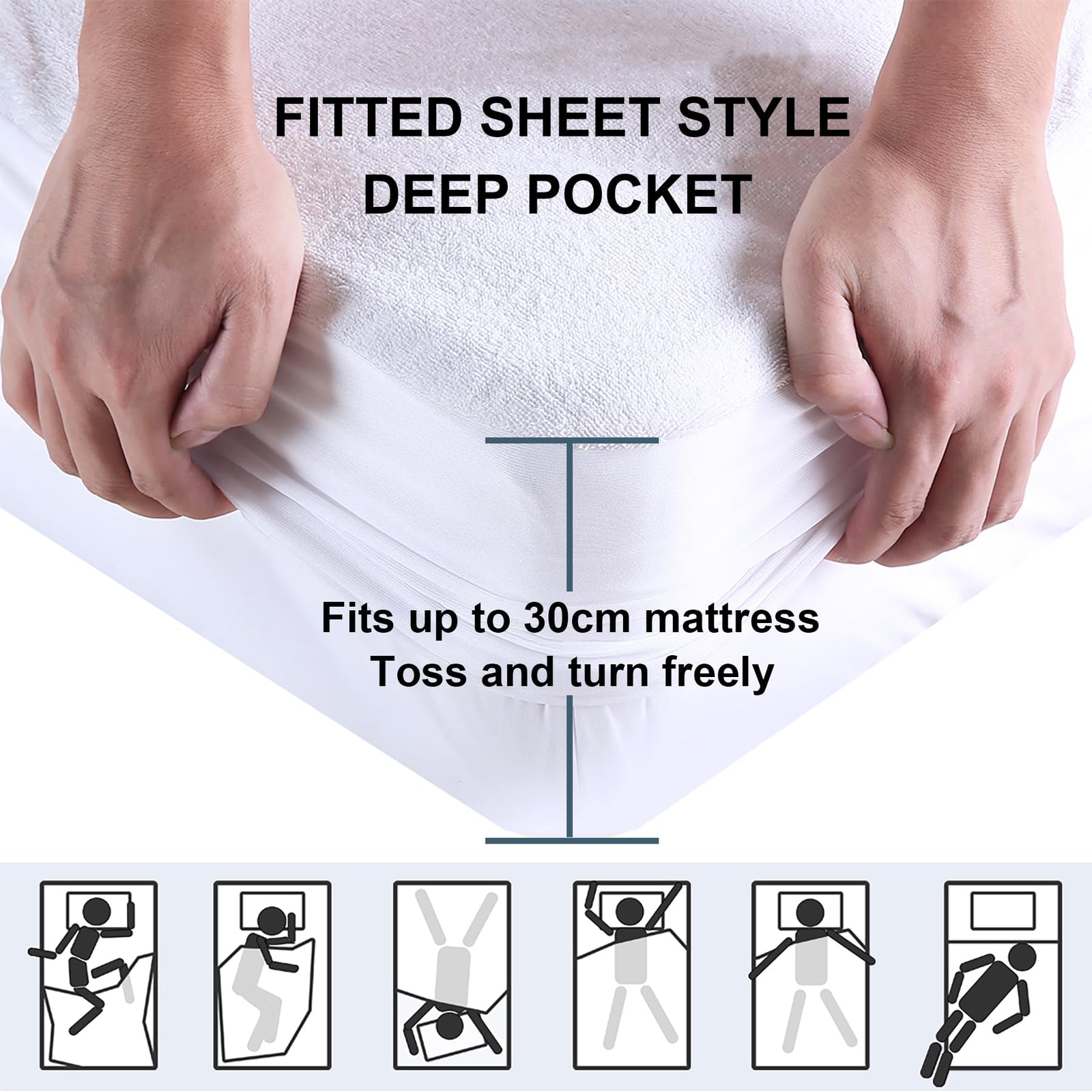 حامي المرتبة الفاخر المقاوم للماء من داردو. مصمم ليناسب المراتب بمقاس 200×200 سم مع عمق 30 سم ليمنح تغطية كاملة وثباتًا مثاليًا. مصنوع من قماش ناعم وقابل للتنفس وخالٍ من الضوضاء لراحة قصوى أثناء النوم