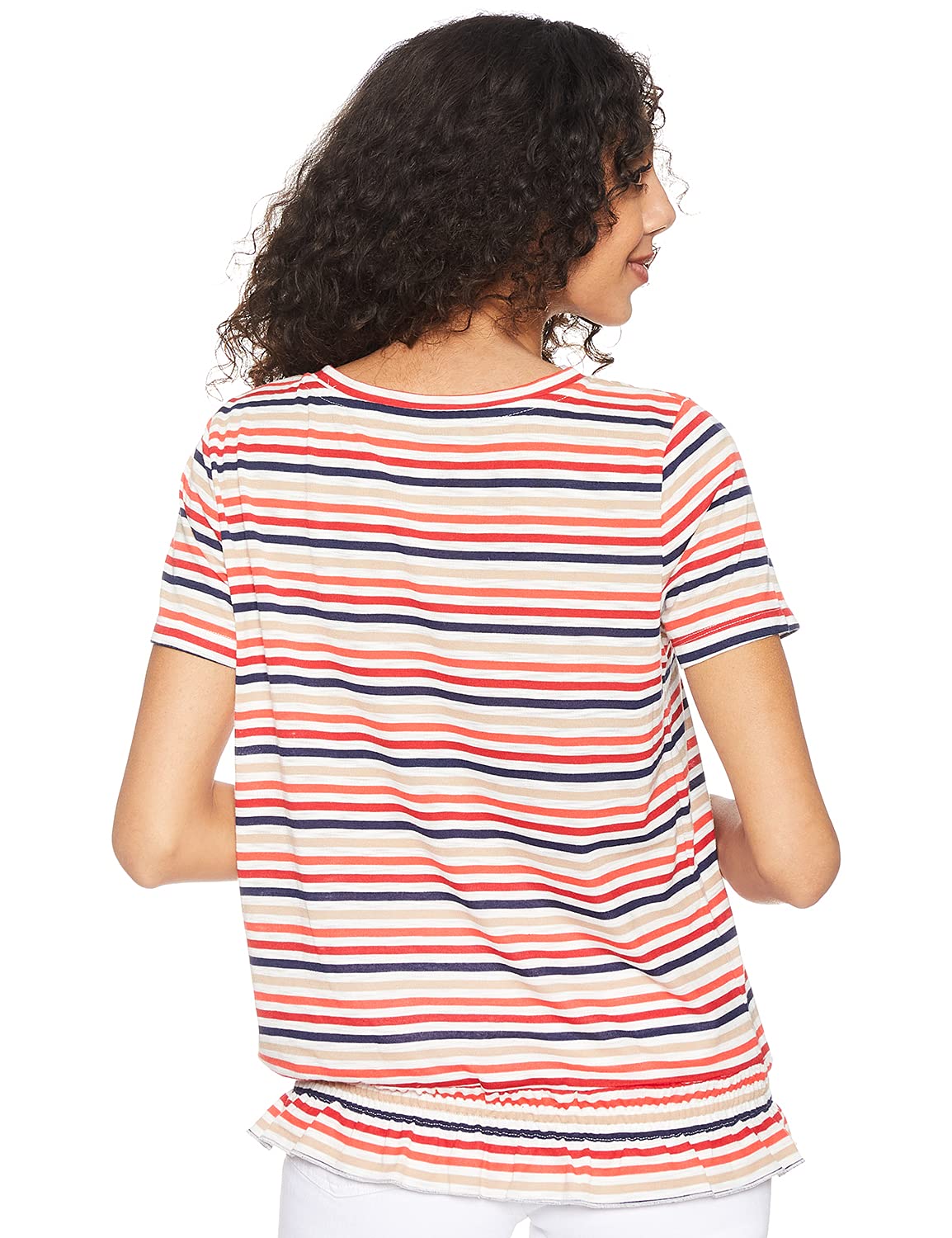 Matalan Striped Ruffled Hem Short Sleeves Round Neck T-shirt for Women,Short sleeves ideal for warm weather.
