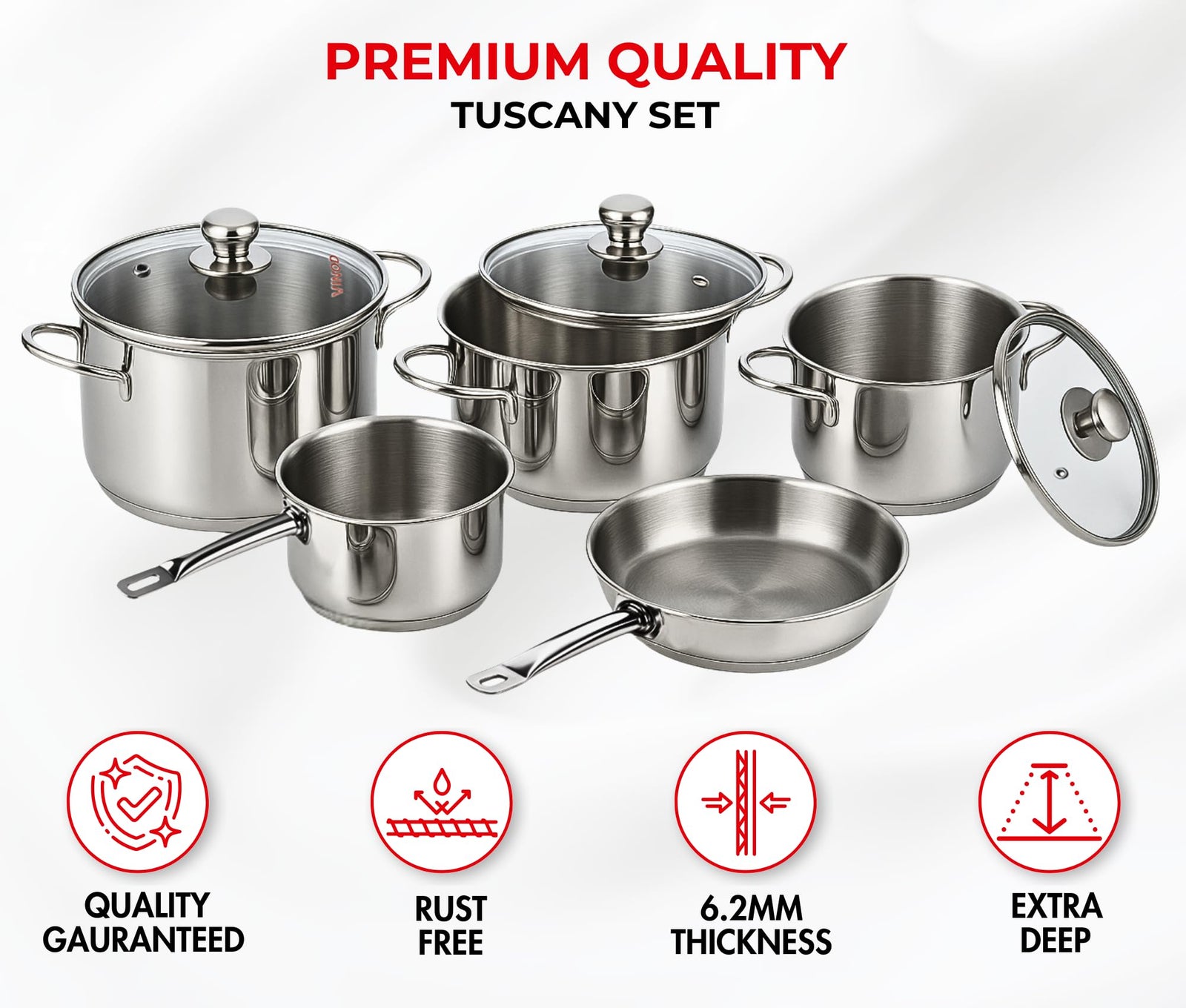 Vinod Tuscany Stainless Steel Cookware Set, 8 Pcs|Saucepan (14 cm/1.3 Litre), 3 Cassseroles (14cm,16cm & 18cm/1.3,2 & 2.8 L) Frypan (18cm) & 3 glass lids, SAS Bottom, Induction and Gas Stove Friendly