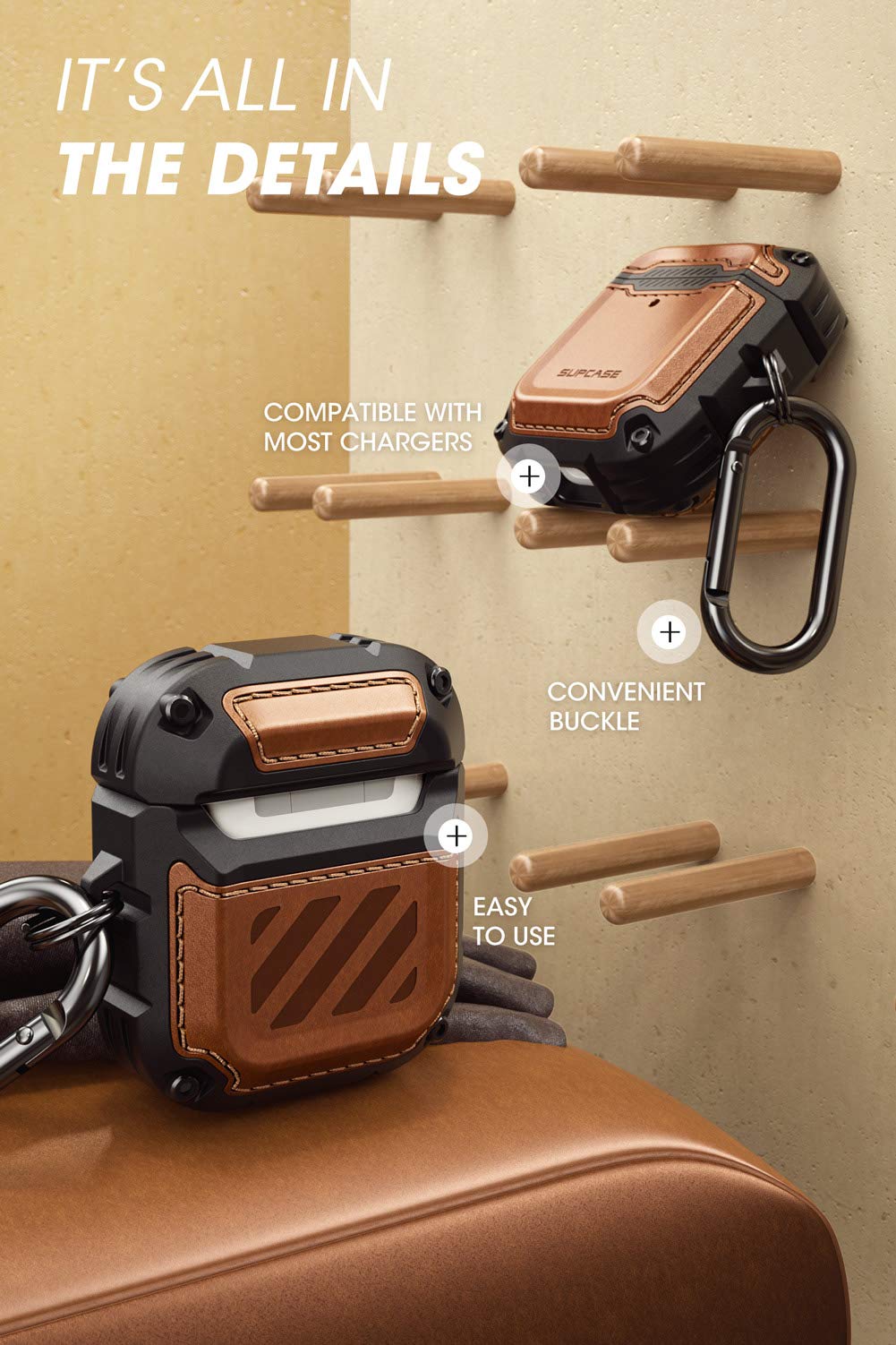حافظة Supcase Unicorn Beetle Royal Series المصممة لـ AirPods 1 و 2، غطاء حماية كامل الجسم بتصميم قوي مع كارابينر لـ Apple AirPods الجيل الأول والثاني (بني)  