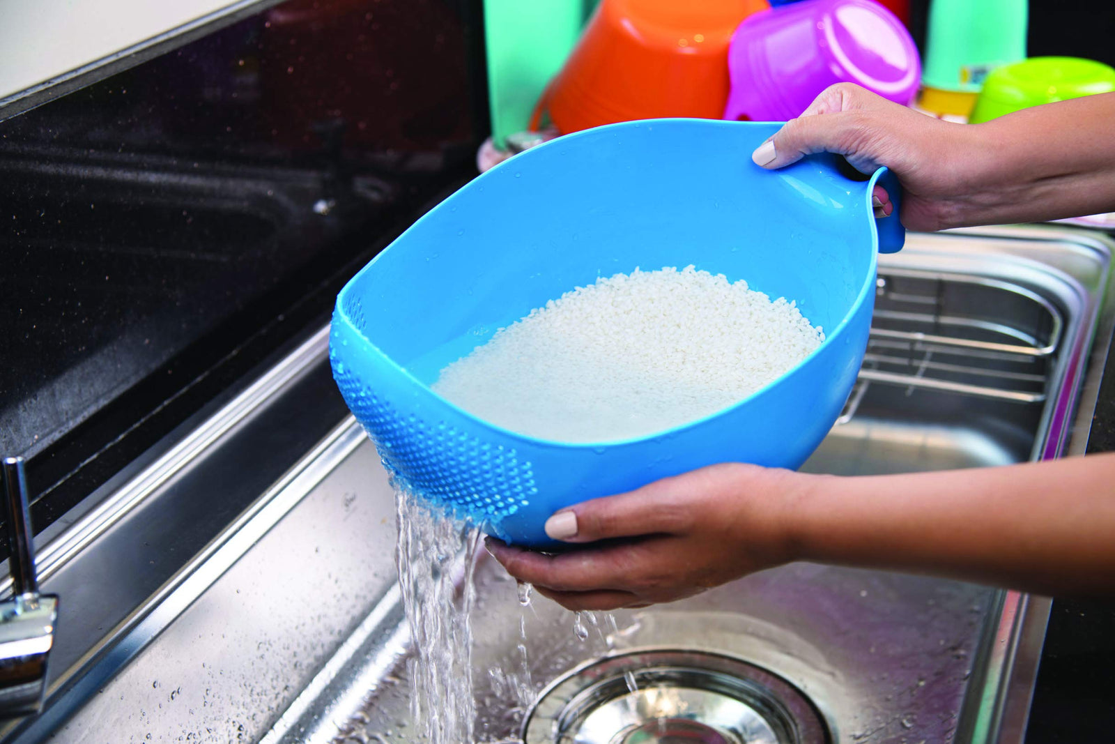 Mintra Home Rice Colander (Blue) - Strainer, Lightweight, for cleaning rice, beans, fruit and vegetables 9.5x13x7- No Box - Safqqa Egypt