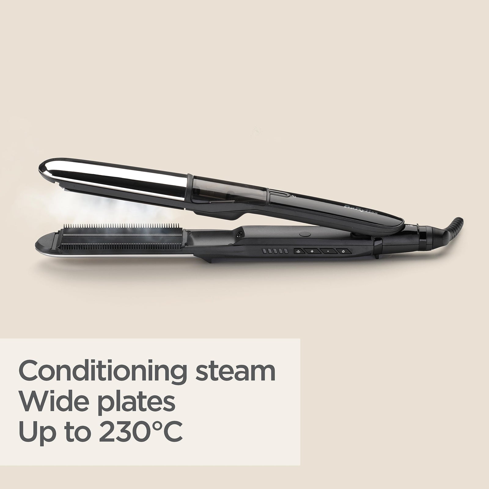 BaByliss Steam Shine Styler Hair Straightener | Fast Heat-up With 39mm Wide Diamond Ceramic Plates | 150°C to 230°C - 5 Heat Settings | Ionic Frizz Control |  ST496SDE (Black)