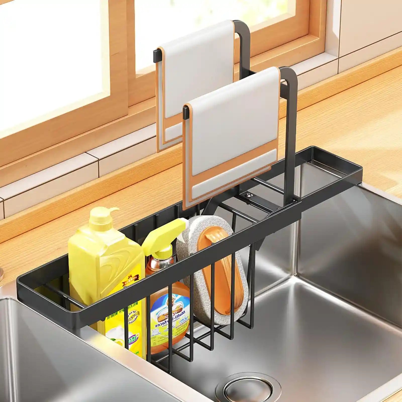 HOISIMDY Kitchen Sink Organiser Sink Caddy Expandable Sponge Holder Telescopic Sink Rack & Holder with Dishcloth Towel Rack