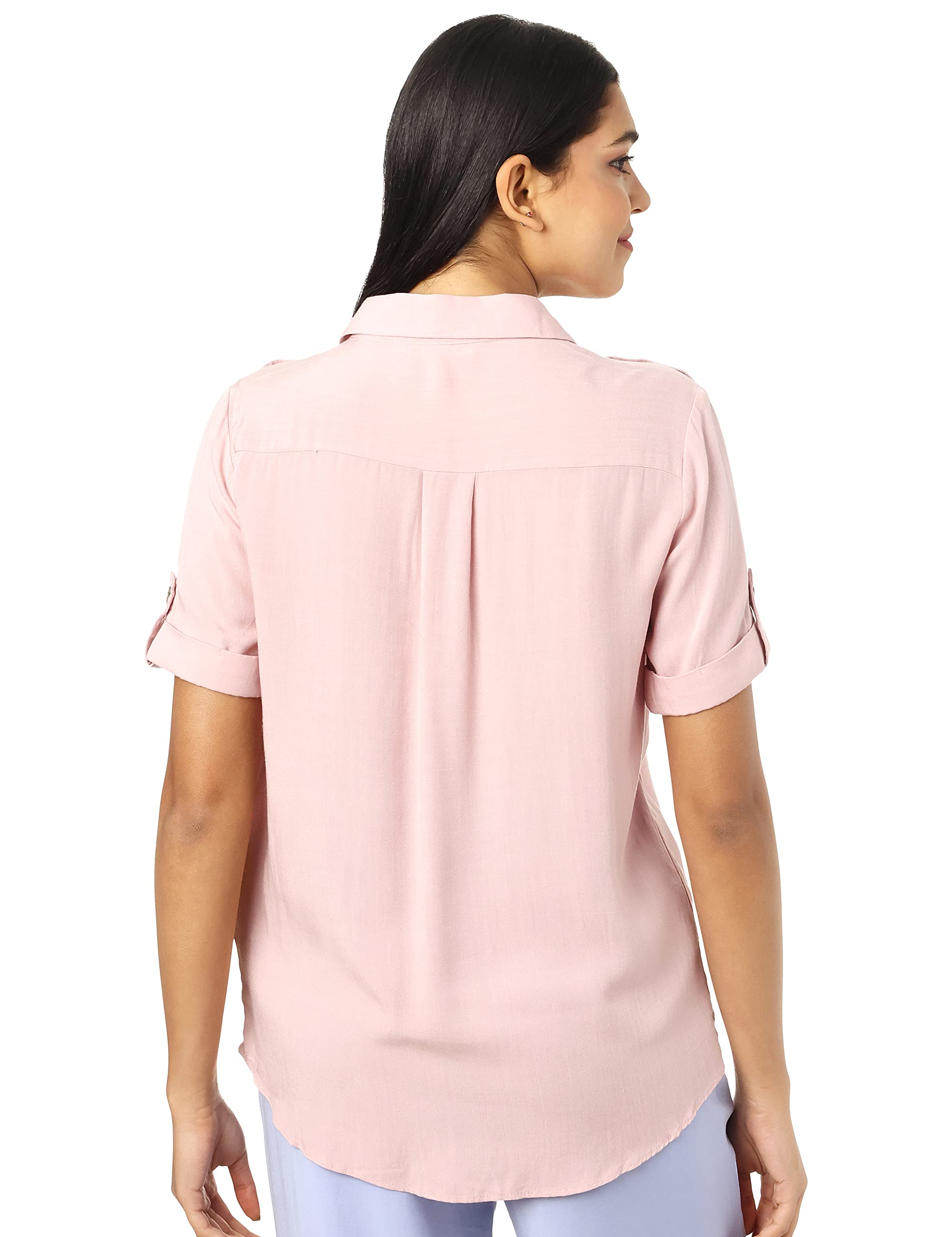 Splash Chest Pockets Roll-Up Sleeves Shirt for Women