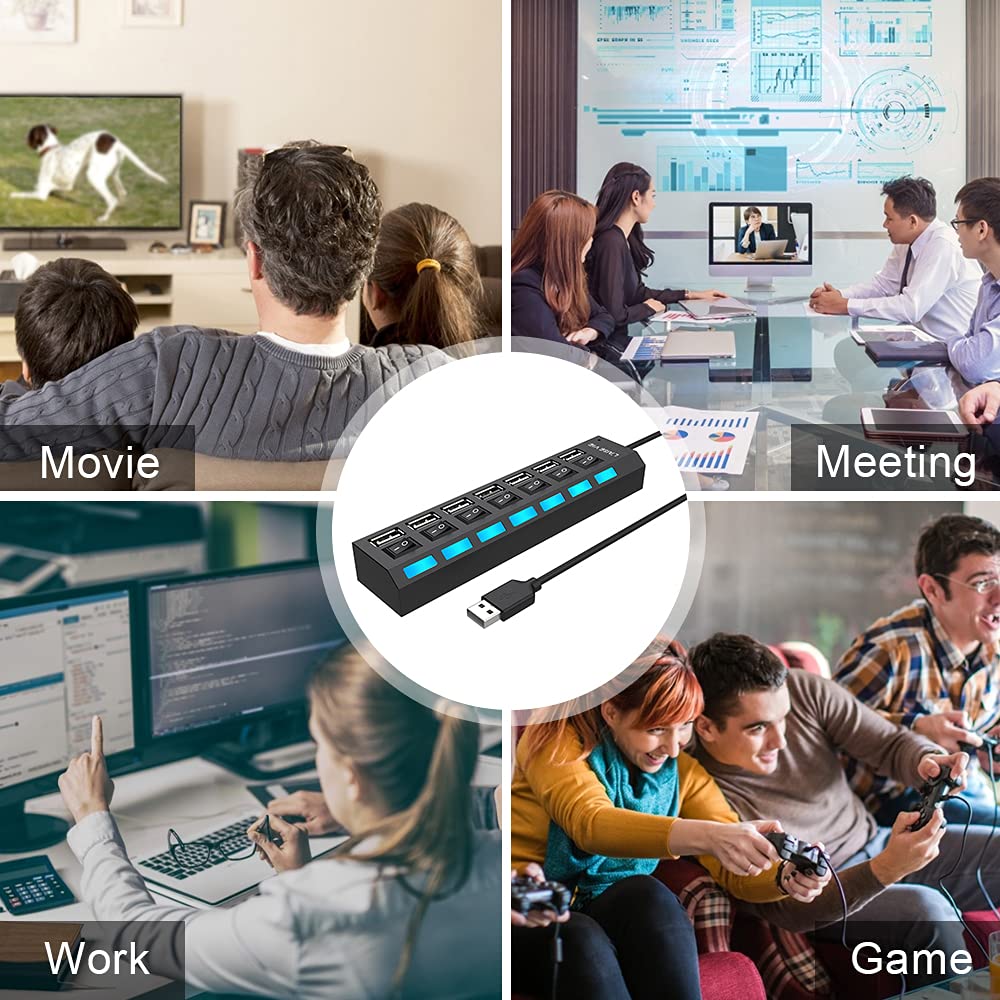 Multi Port USB Splitter, 7 Port USB 2.0 Hub, USB A Port Data Hub with Independent On/Off Switch and LED Indicators, Lights for Laptop, PC, Computer, Mobile HDD, Flash Drive and More (Black 2.0) - Safqqa Egypt