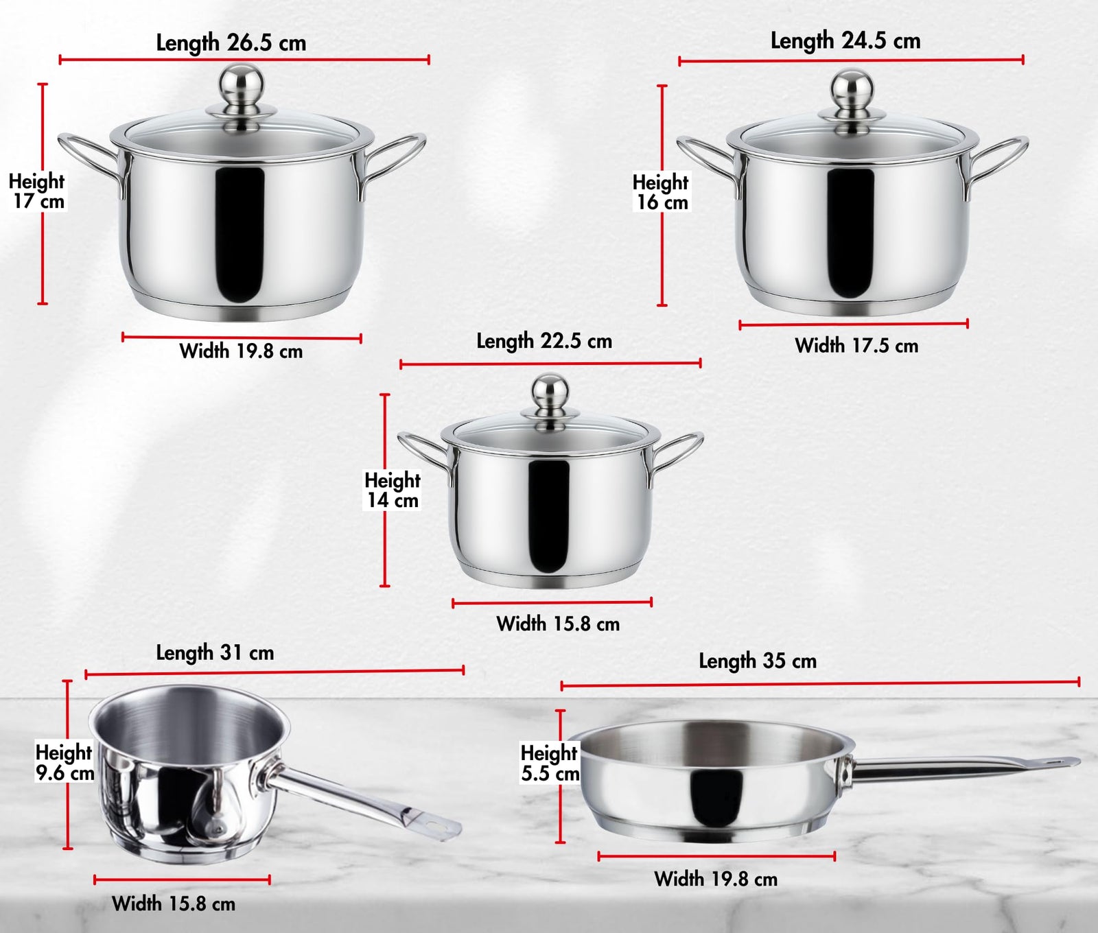Vinod Tuscany Stainless Steel Cookware Set, 8 Pcs|Saucepan (14 cm/1.3 Litre), 3 Cassseroles (14cm,16cm & 18cm/1.3,2 & 2.8 L) Frypan (18cm) & 3 glass lids, SAS Bottom, Induction and Gas Stove Friendly