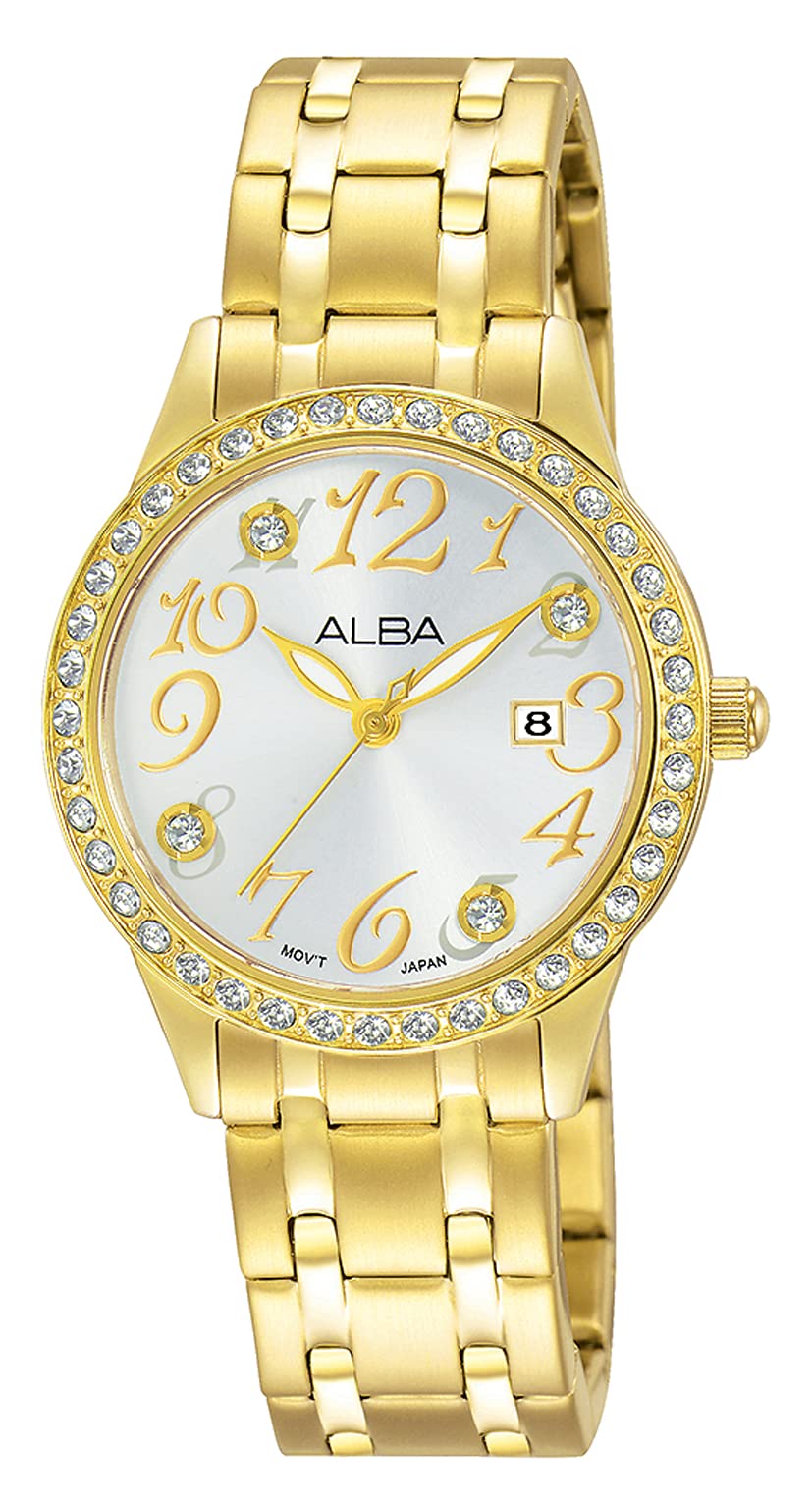 ساعة ألبا النسائية (AH7P26X) هي قطعة أنيقة تجمع بين الفخامة والعملية. تتميز بواجهة عرض آنالوج وحزام من الفولاذ المقاوم للصدأ باللون الذهبي