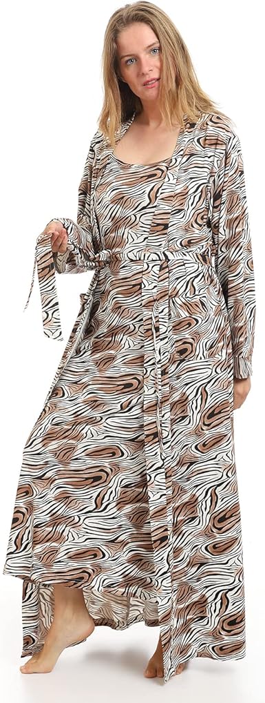 Kady Women Spaghetti Strap Zebra Print Long Nightgown with Robe