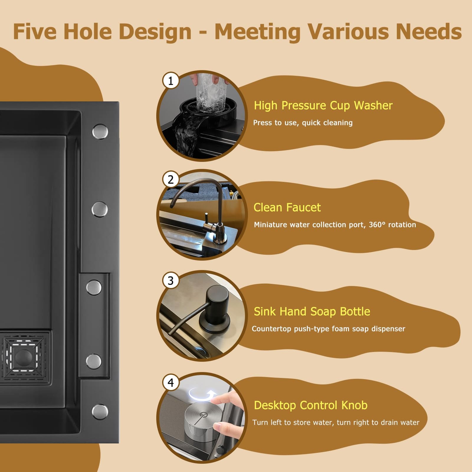 حوض مطبخ Intelligence Waterfall – وعاء واحد، من الفولاذ المقاوم للصدأ 304، محطة عمل