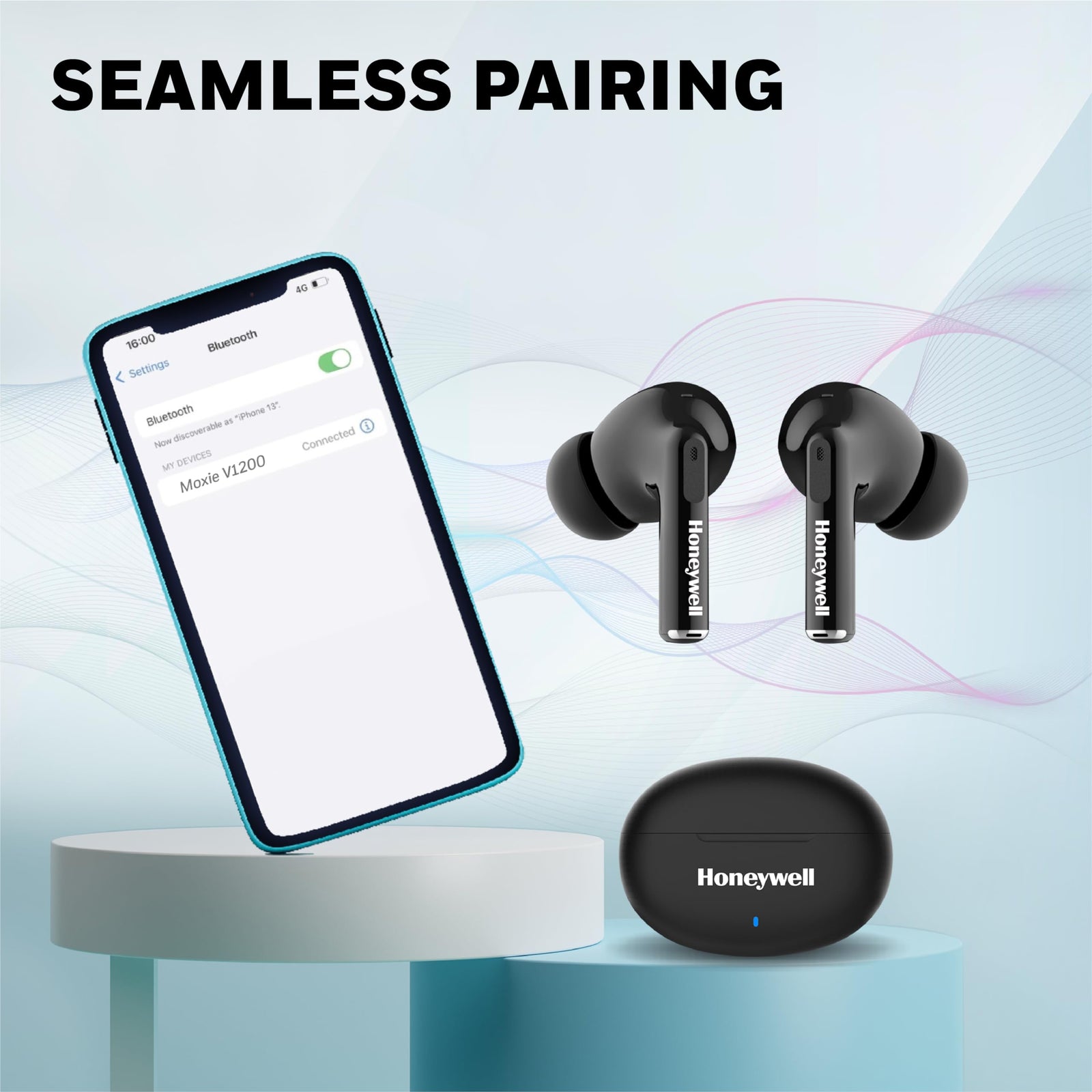 Honeywell Moxie V1200 True Wireless Bluetooth Earbuds – 26H Playtime, Type-C Fast Charging, IPX4 Water Resistant, Bluetooth 5.3, Touch Control, Voice Assistant – Black
