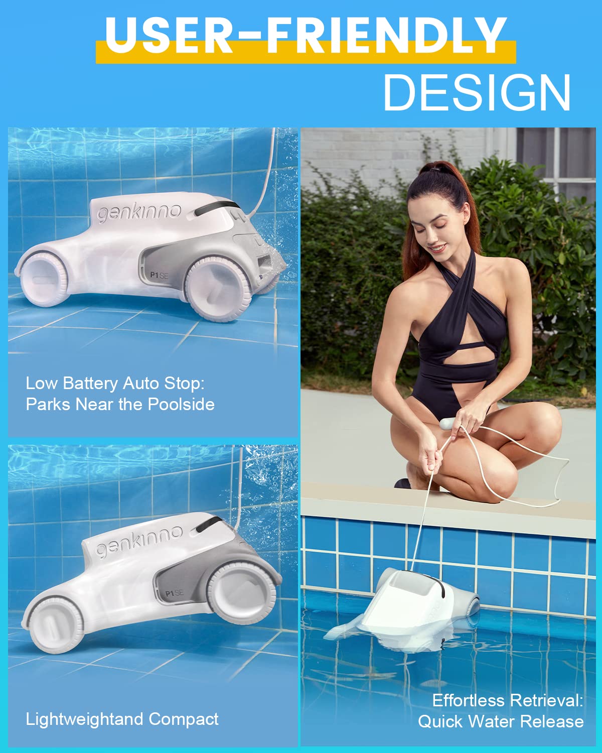 genkinno Pool Robot Pool Vacuum Cleaner Powerful Active Cleaning, Automatic Pool Cleaner up to 120 Minutes Running Time, Quick Dismountable Filter, Intelligent Navigation Robotic Pool Vacuum Cleaner