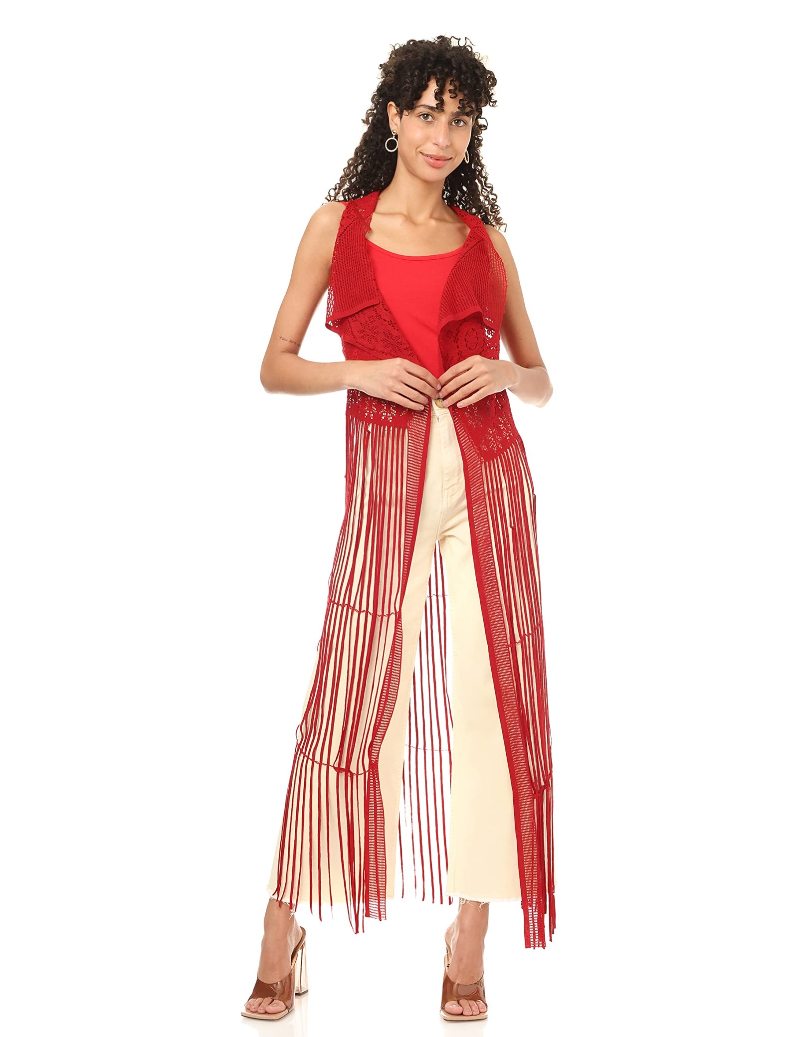 JAMILA Women fringed net cardigan SWEATER
