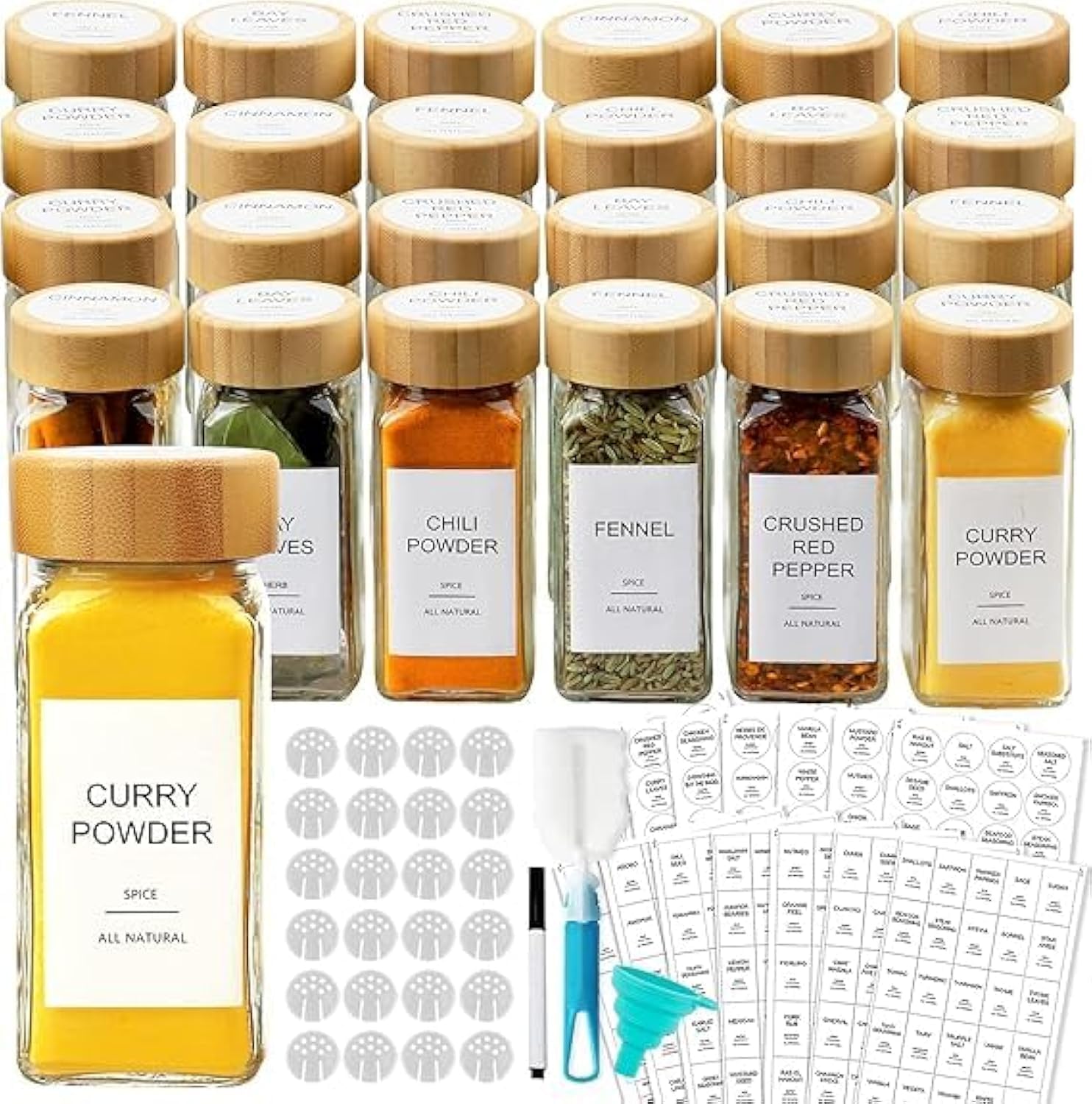 Glass Spice Jars – 24 Pieces – Airtight Containers for Kitchen Organization