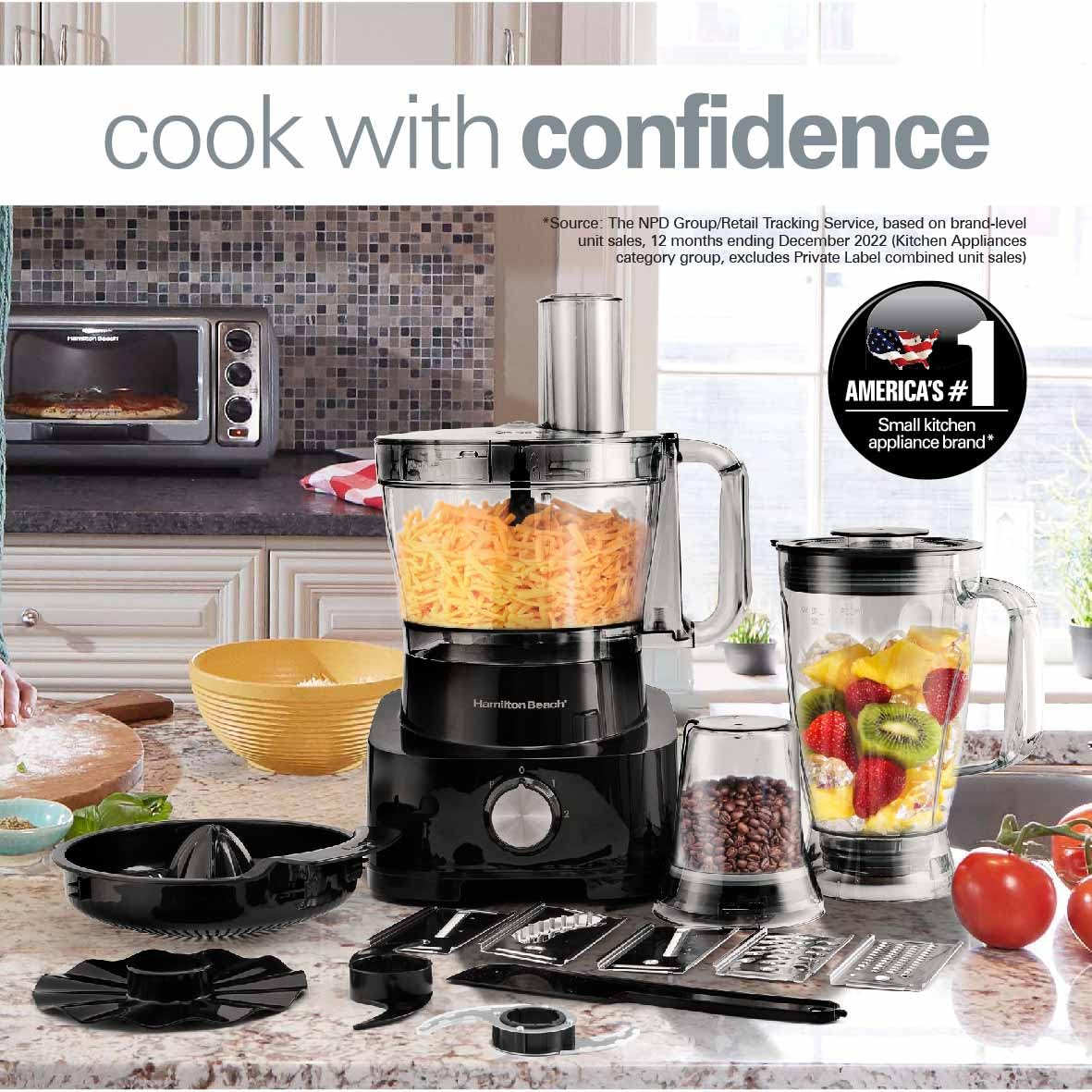 Hamilton Beach Food Processor 1000W, 3.5L bowl and 11 attachments - blender, citrus juicer, grinder mill, chopper and more to knead dough, emulsify, french fry slice and grate, FP1012-ME (Minor Scratsh)