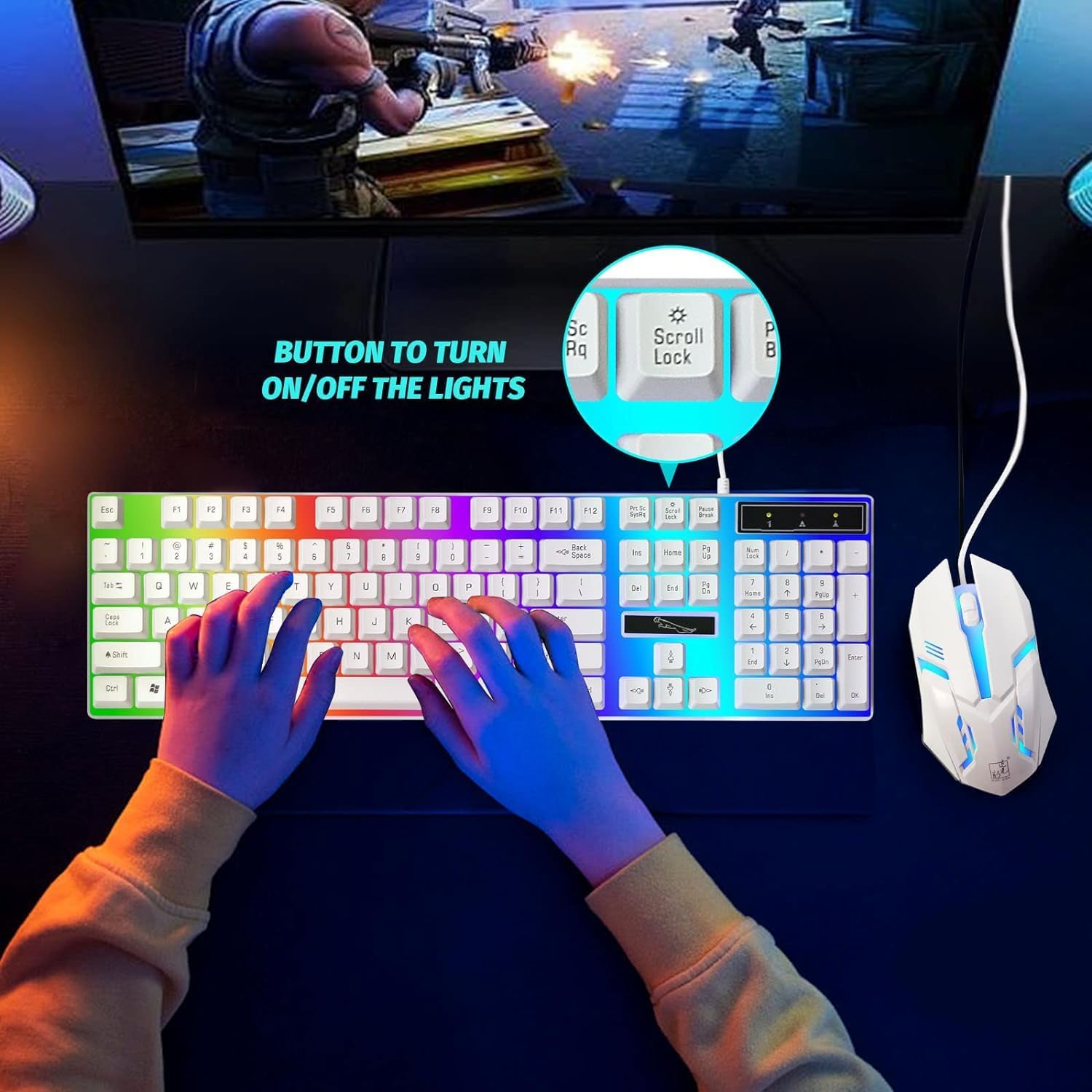 طقم كيبورد وماوس ألعاب من ماركة سكاي-تاتش USB سلكي LED لون أبيض – Safqqa Egypt