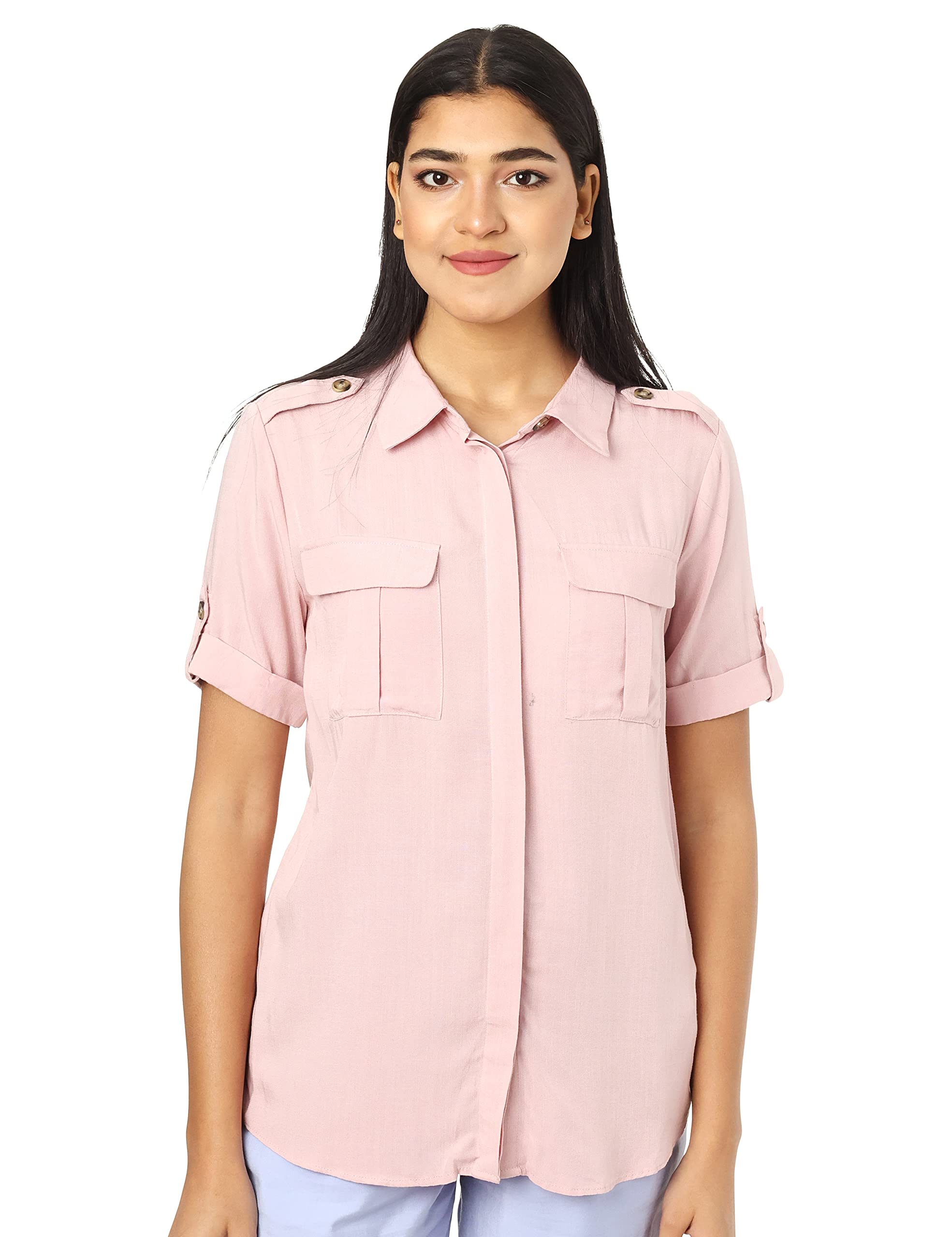 Splash Chest Pockets Roll-Up Sleeves Shirt for Women
