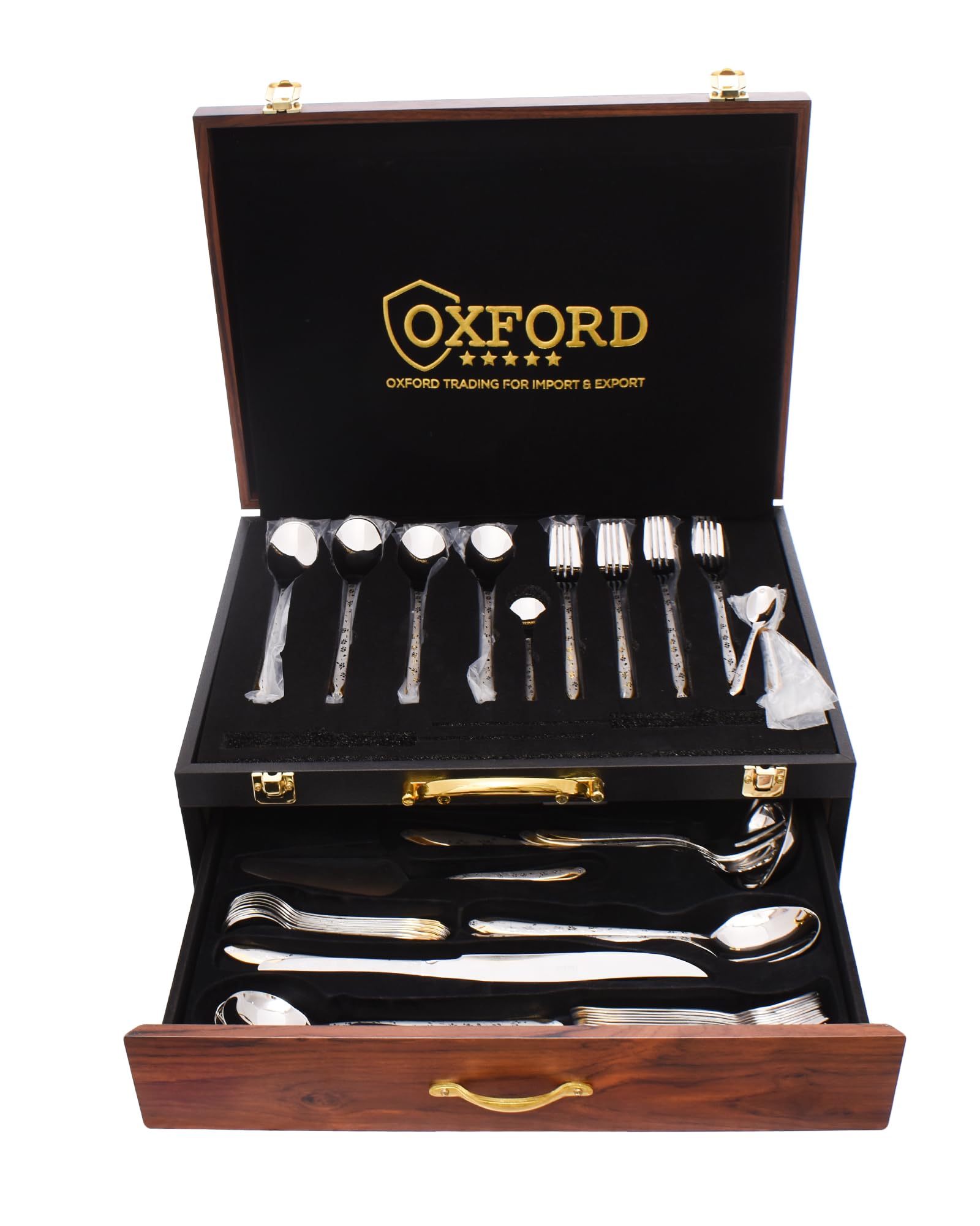 Oxford MD-35GL Stainless Steel Spoon 85-Pieces Set with Wood and Leather Bag, Silver