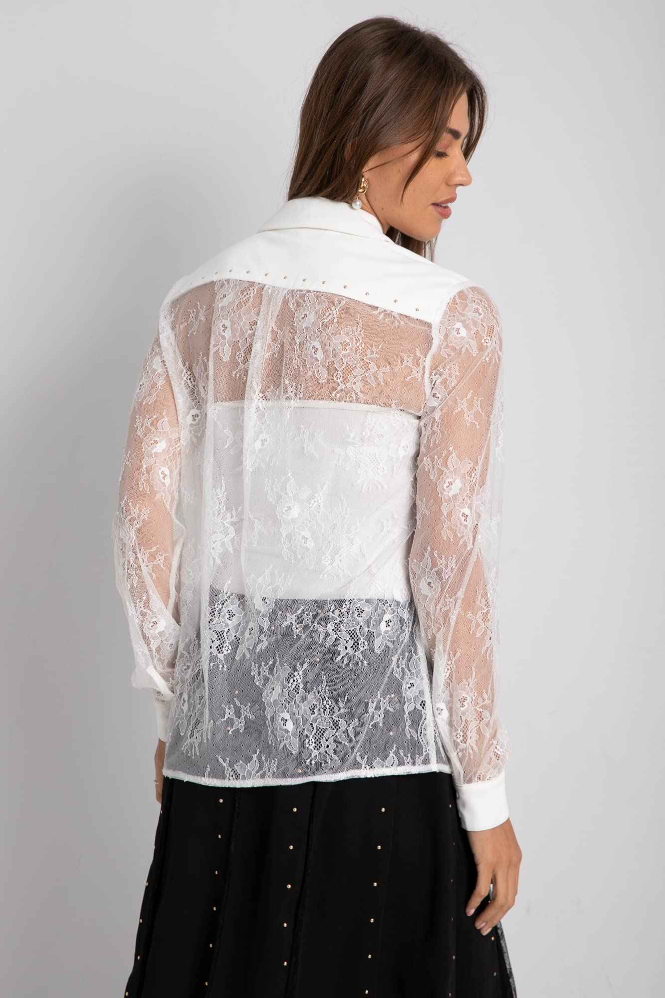 Casual Lace Long Sleeves Sheer Shirt With Studded Utility Pockets - Safqqa Egypt