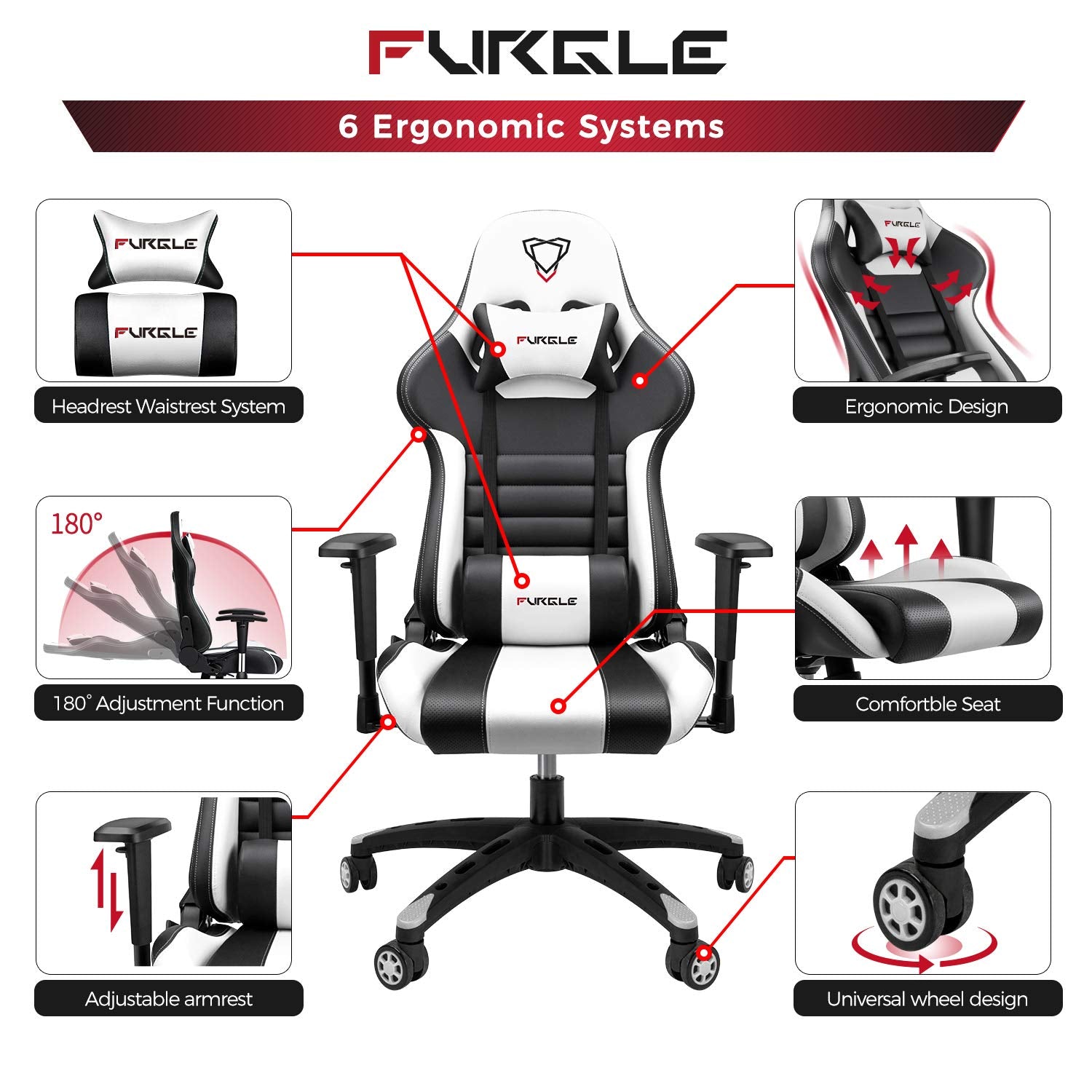 Furgle Gaming Chair Racing Style High-Back Office Chair w/PU Leather and Adjustable Armrests Executive Ergonomic Swivel Video Game Chairs with Rocking Mode & Headrest and Lumbar Support - Safqqa Egypt
