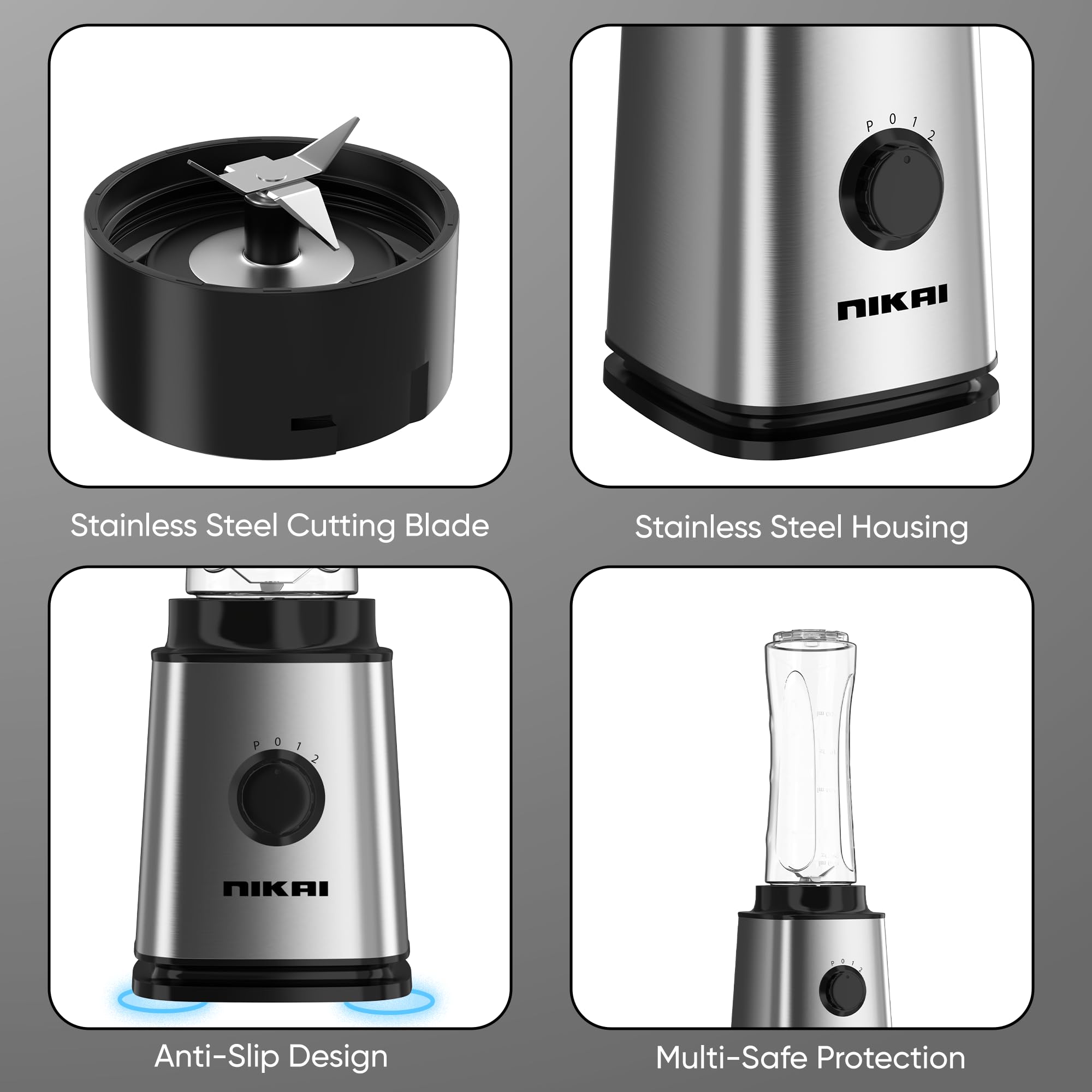 Nikai 300W Smoothie Maker, 600ml Capacity, Powerful Motor for Smooth Blending, St Steel Blades, BPA-Free Tritan Bottles with Lids, Compact Design Ideal for Smoothies & Shakes NB202ST