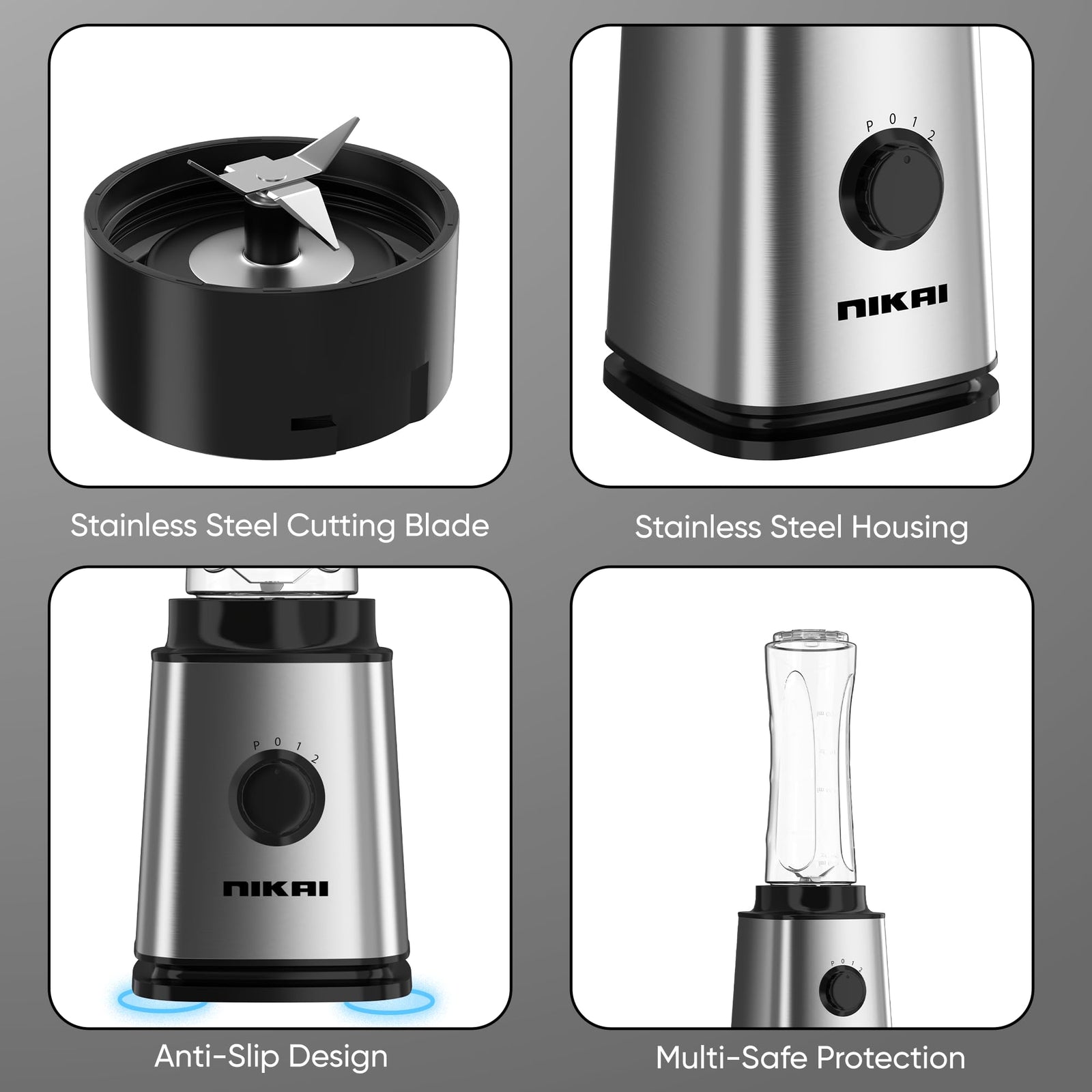 Nikai 300W Smoothie Maker, 600ml Capacity, Powerful Motor for Smooth Blending, St Steel Blades, BPA-Free Tritan Bottles with Lids, Compact Design Ideal for Smoothies & Shakes NB202ST