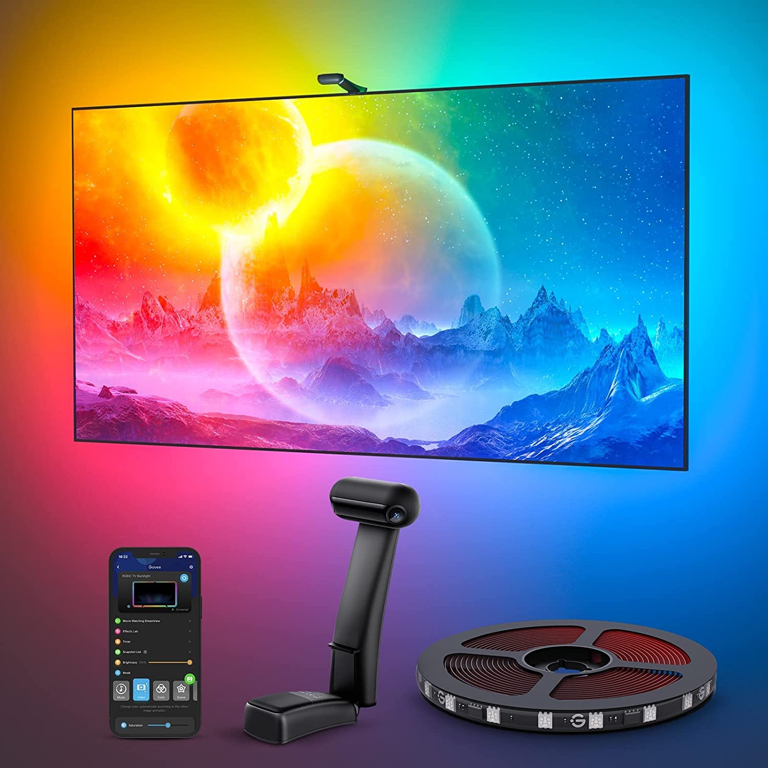 Envisual TV Backlight T2 with Dual Cameras, 11.8ft RGBIC Wi-Fi TV LED Backlights for 55-65 inch TVs, Double TV Light Beads, Adapts to Ultra-Thin TVs, Smart App Control, Music Sync, H605C