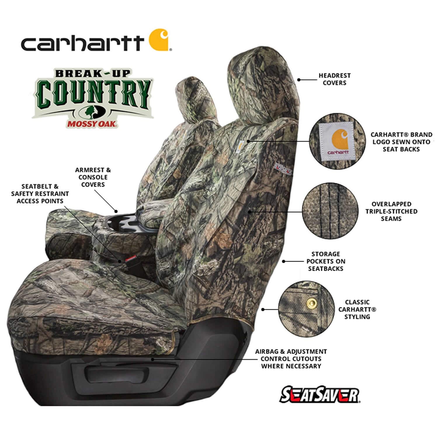Covercraft Mossy Oak Camo Carhartt SeatSaver Custom Seat Covers | Fits 2015-2018 Ford F-150 | 1st Row 40/20/40 Bench Seat, Break-Up Country