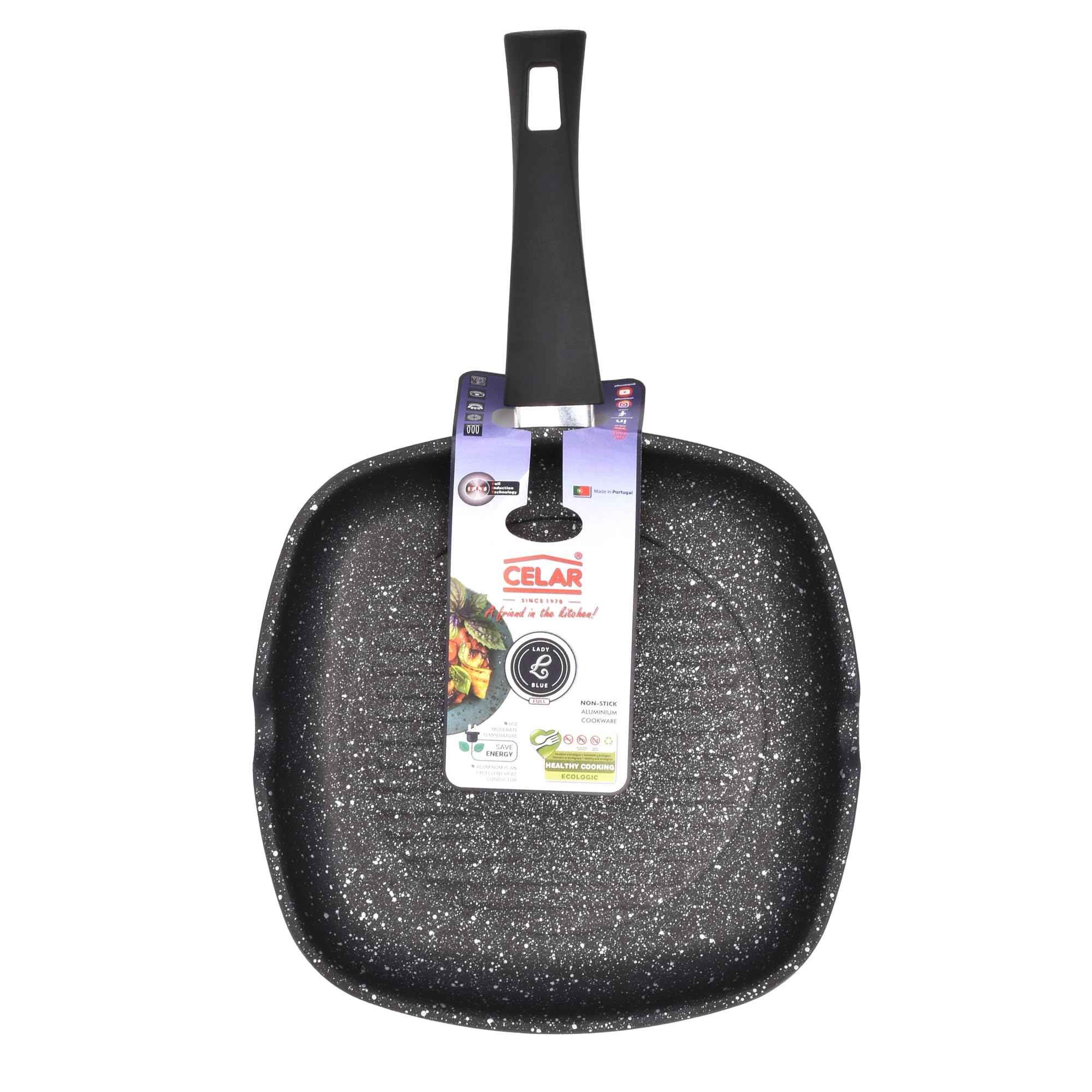 Celar Aluminum Blue Square Grill Pan, 26 cm Diameter, Induction + Gas Stove, Made In Portugal