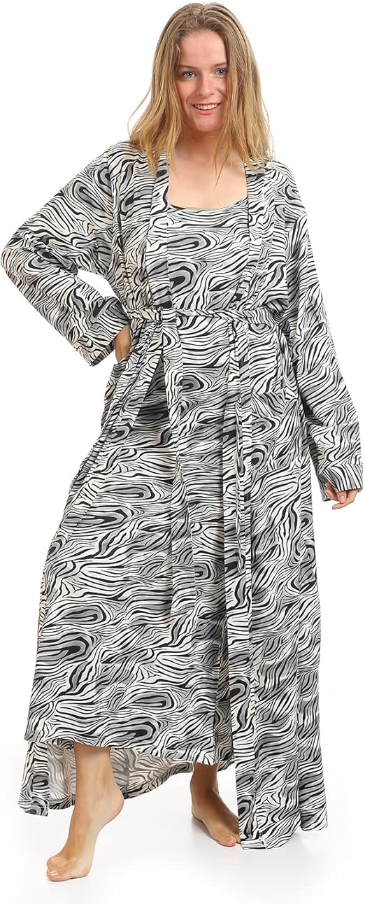 Kady Women Spaghetti Strap Zebra Print Long Nightgown with Robe