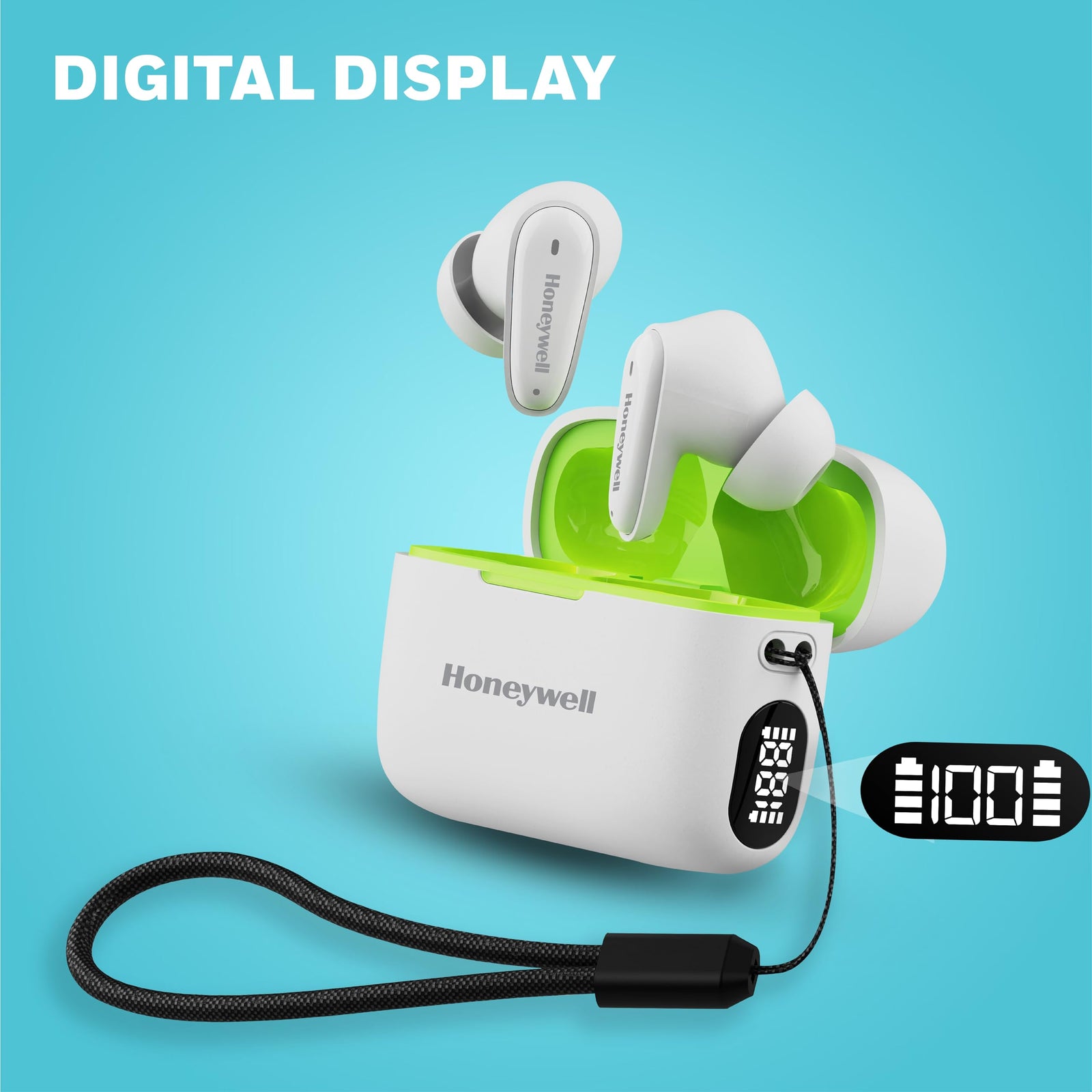 Honeywell  V1100, in-Ear True Wireless Stereo Earbuds with Digital Battery Display Case, Dual Microphones, Bluetooth V5.3, 31 Hours of Playtime, 100 Hours Stand-by, Fast Charging, White