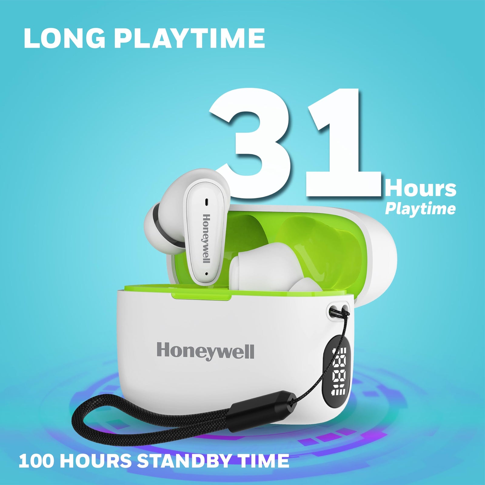 Honeywell  V1100, in-Ear True Wireless Stereo Earbuds with Digital Battery Display Case, Dual Microphones, Bluetooth V5.3, 31 Hours of Playtime, 100 Hours Stand-by, Fast Charging, White