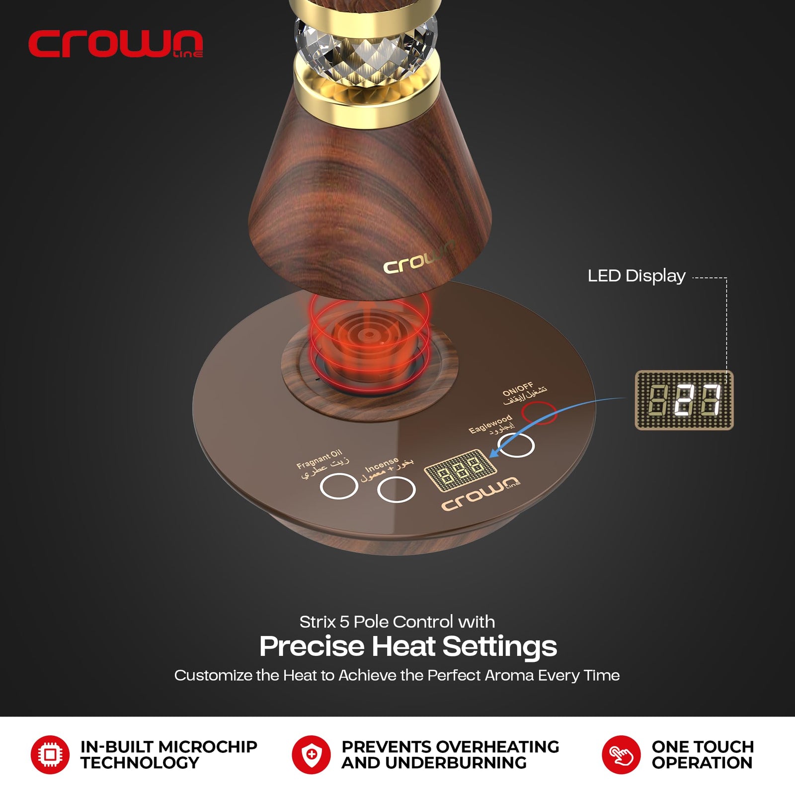 بخر البخور الكهربائي من كراون لاين بين الأناقة والتقنية الحديثة ليمنحك تجربة عطرية فاخرة. يتميز بنظام تحكم ستريكس بخمس نقاط مع إمكانية ضبط درجة الحرارة بدقة، مما يسمح بإطلاق روائح البخور والعطور والزيوت العطرية