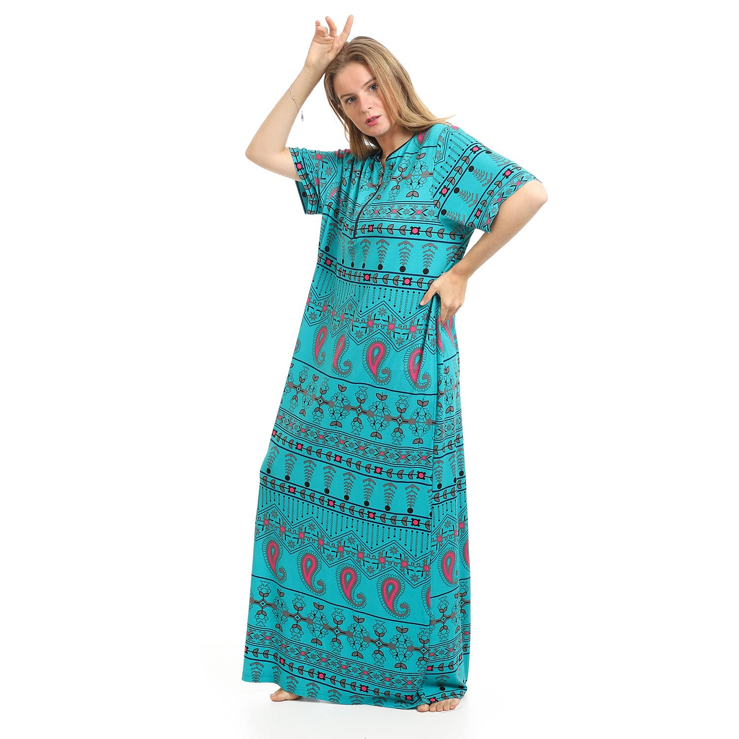 KADY Multi Patterns Zipped Round Neck Long Nightgown For Women,Relaxed fit for comfortable movement.