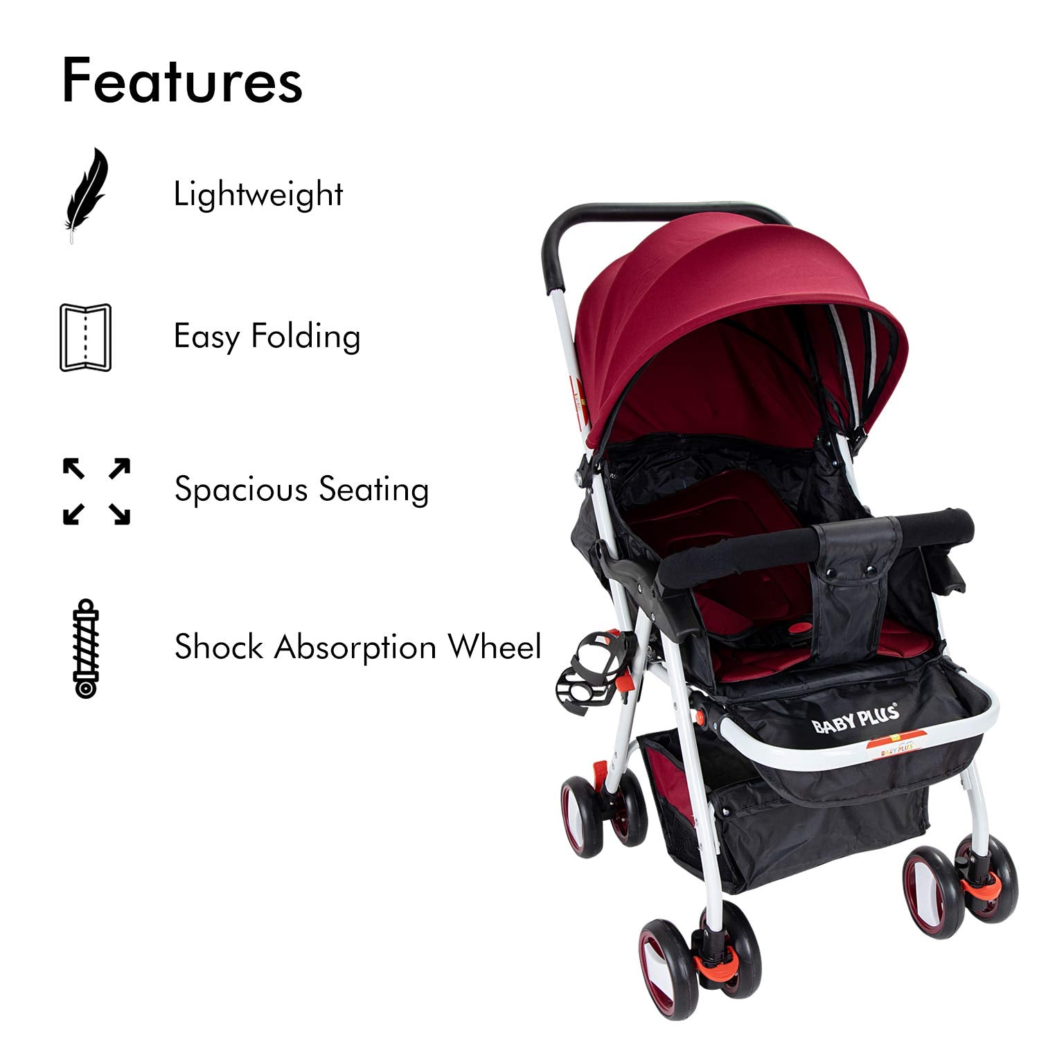 BABY PLUS Baby Pram Stroller With Sunshade Canopy & Adjustable Footrest/With Snack Tray/Safety Belt/Swivel Wheels/Reclining Position/Large Storage Basket/Unisex/ 12 To 36 Months/Wine Black/Red