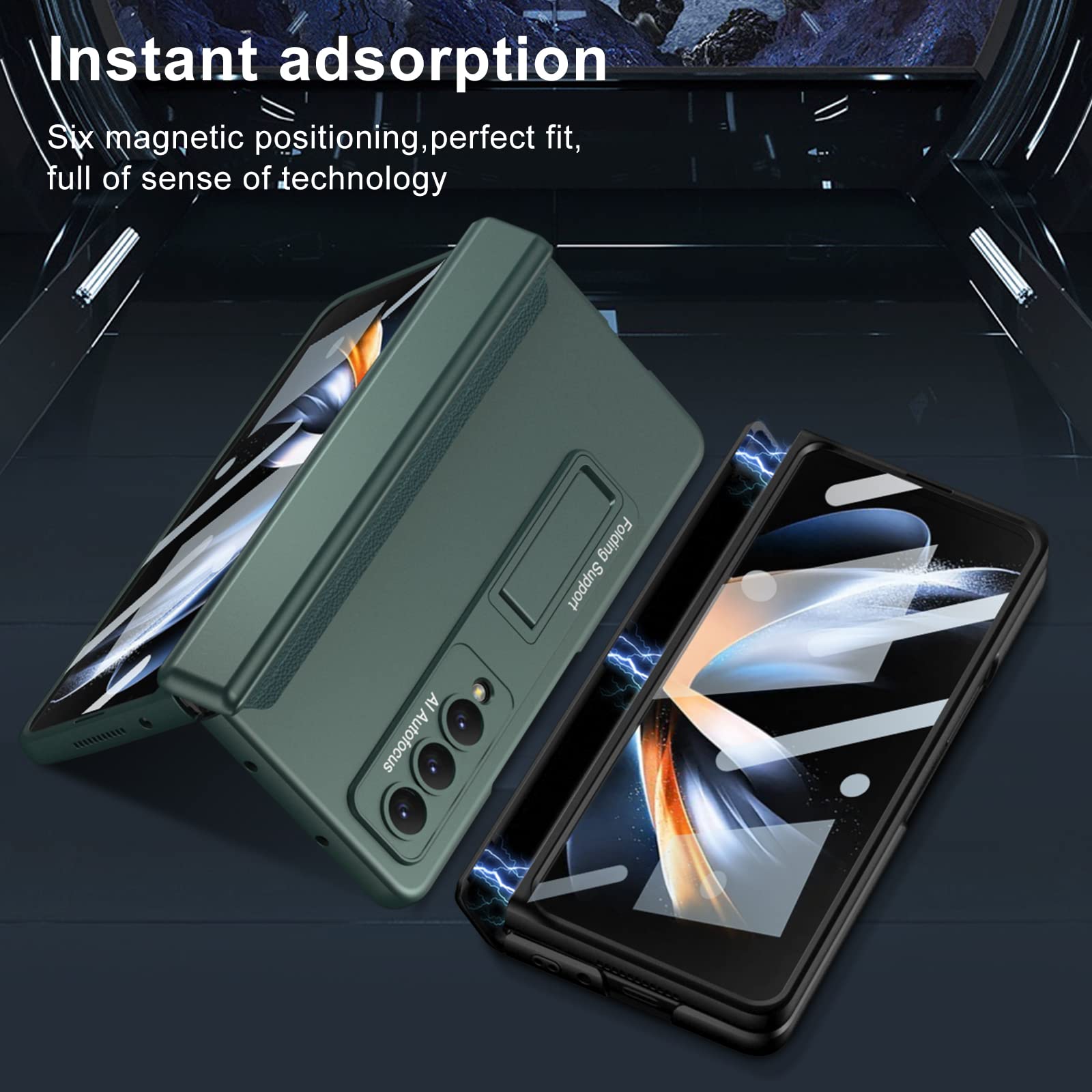 جراب PUROOM لهاتف Samsung Galaxy Z Fold 4 مزود بمسند مدمج من البولي كربونات مزود بغطاء مضاد للصدمات مغناطيسي بالكامل لهاتف Samsung Galaxy Z Fold 4 5G (أسود)