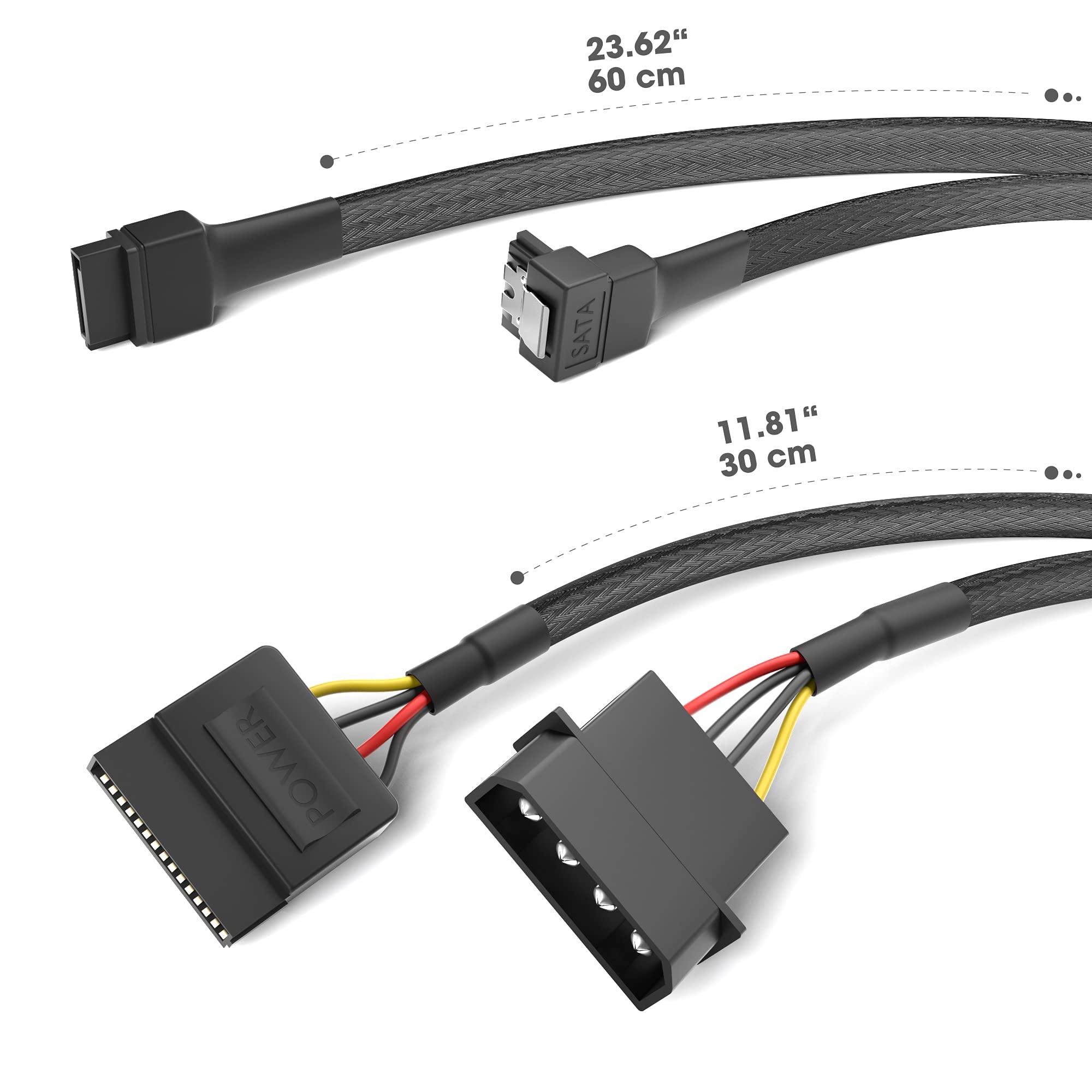 KabelDirekt 827 0.6m 30cm 4-pin Molex to 15-pin SATA power cable + 60cm 7-pin 3 data 6 Gbit/s angled 90 ° black